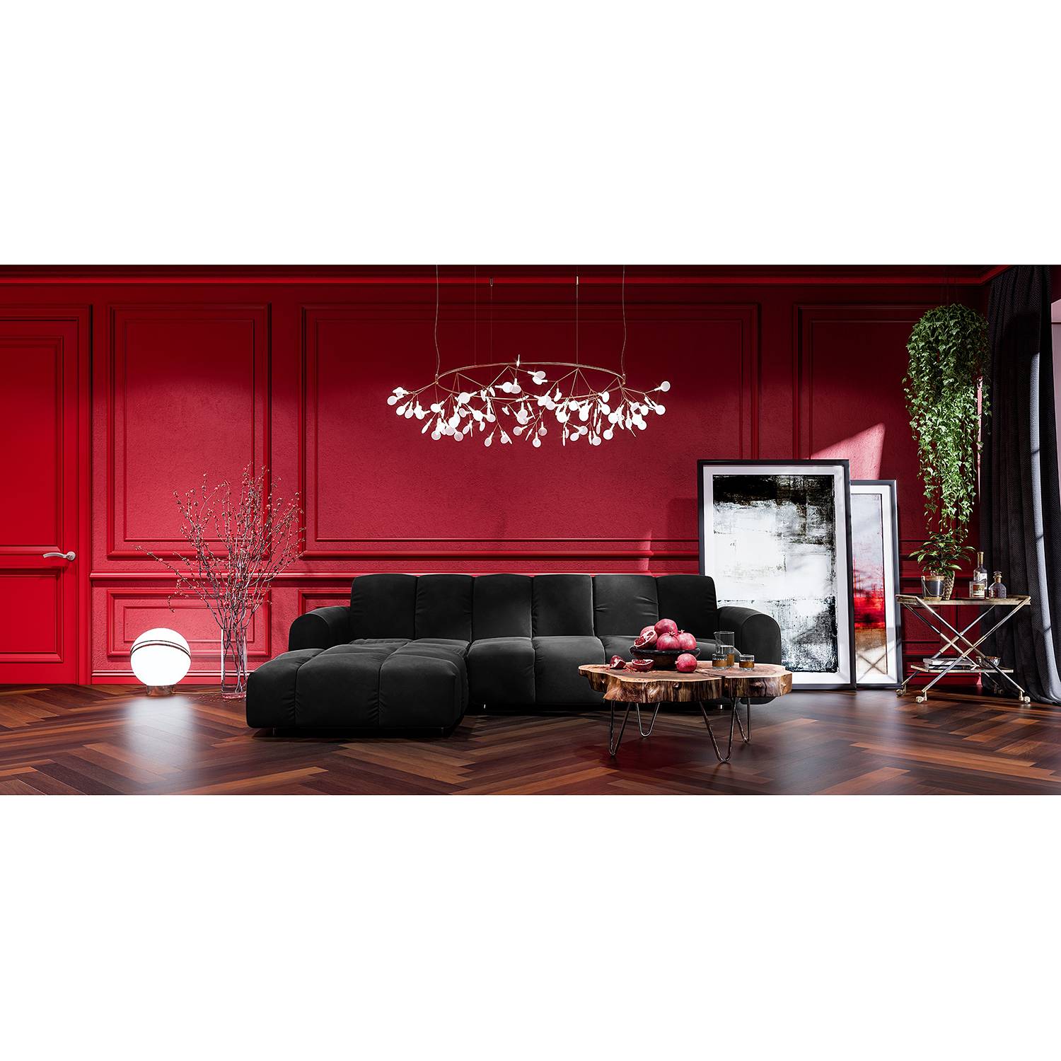home24 Jack & Alice Ecksofa Malter Schwarz Samt 293x80x174 cm