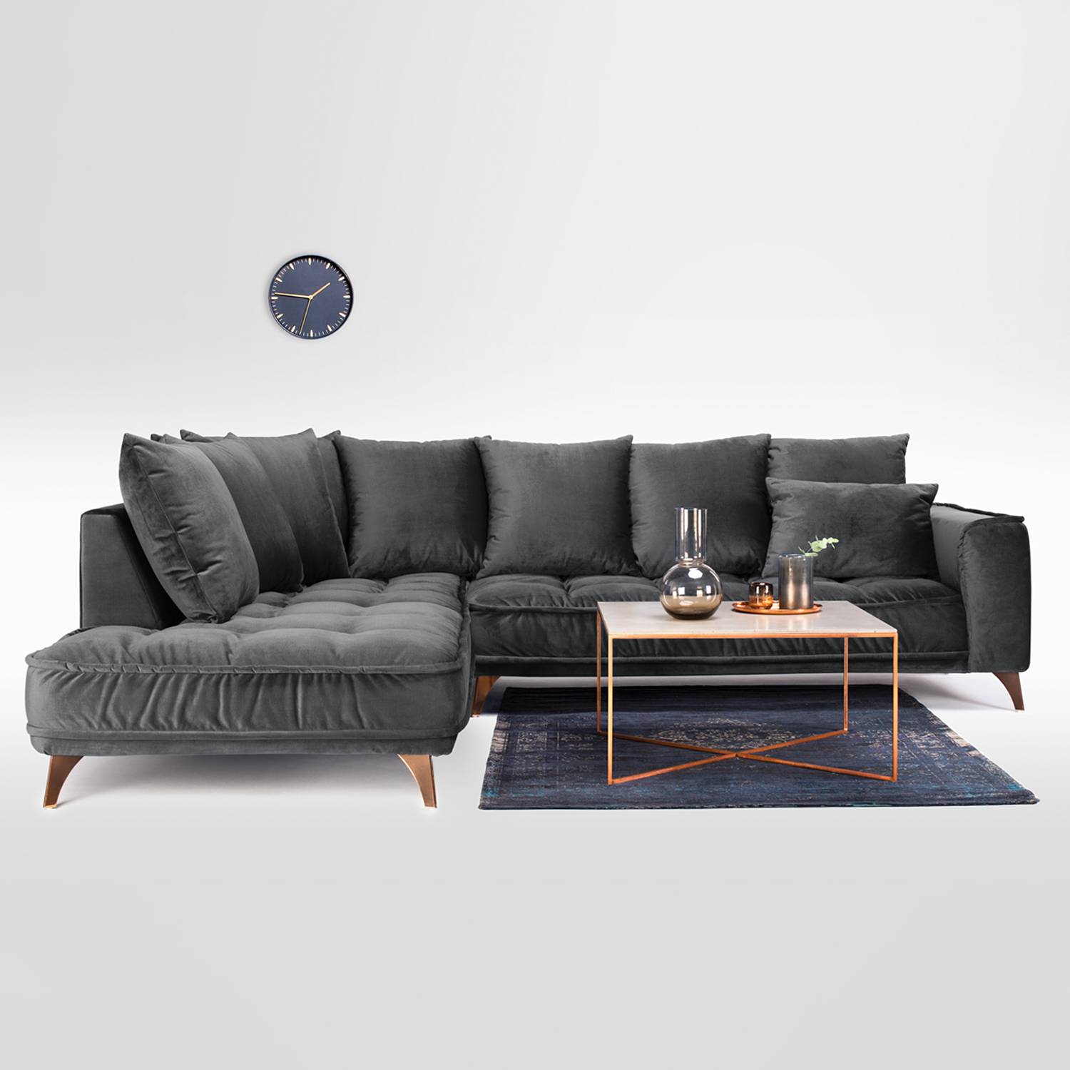 home24 Jack & Alice Ecksofa Polich Schwarz Samt 288x92x245 cm