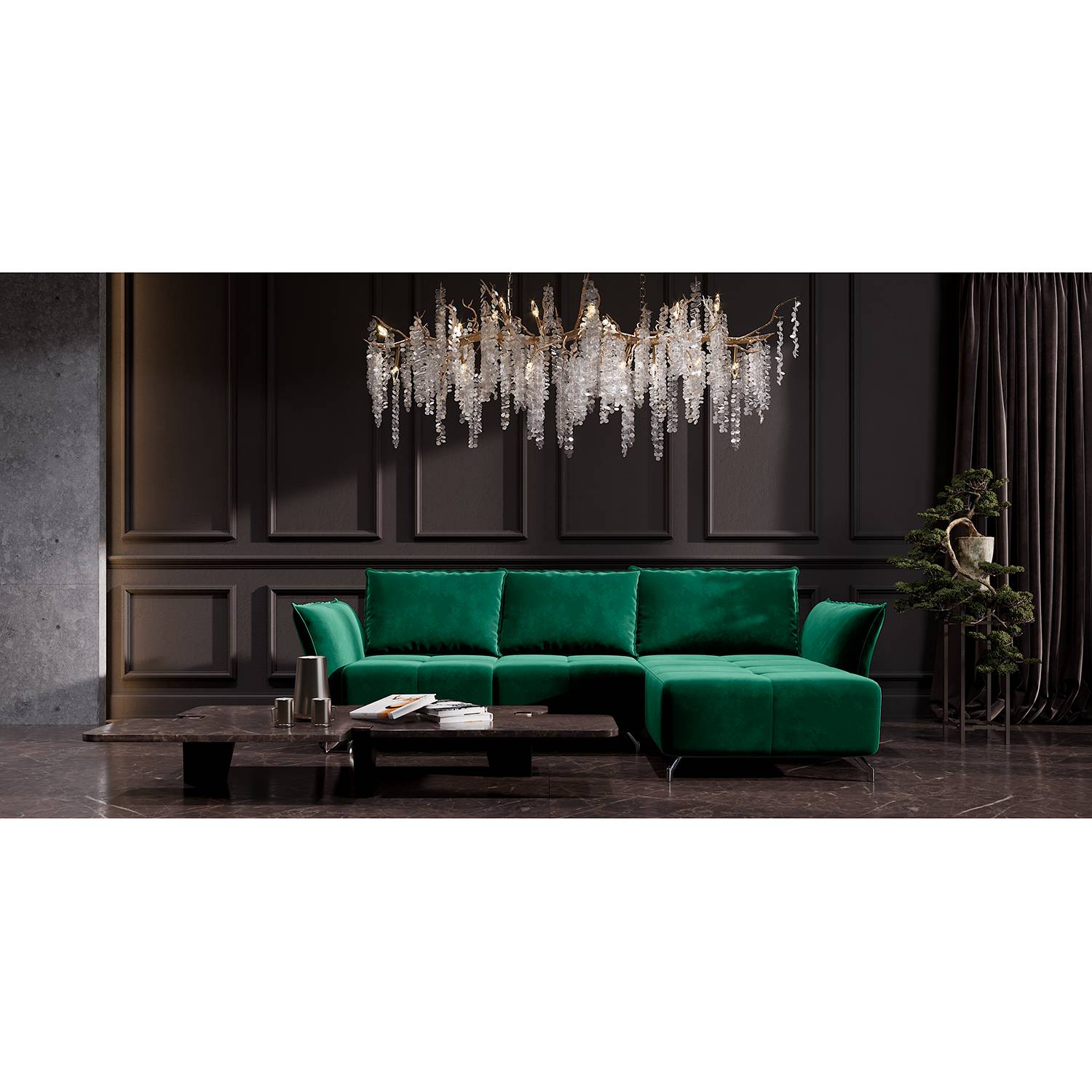 home24 Fredriks Ecksofa Dolgen Olivgrün Samt 314x87x182 cm mit Schlaffunktion