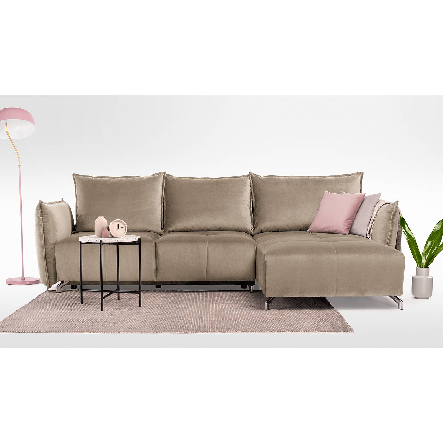 home24 Fredriks Ecksofa Dolgen Cappuccino Samt 314x87x182 cm mit Schlaffunktion