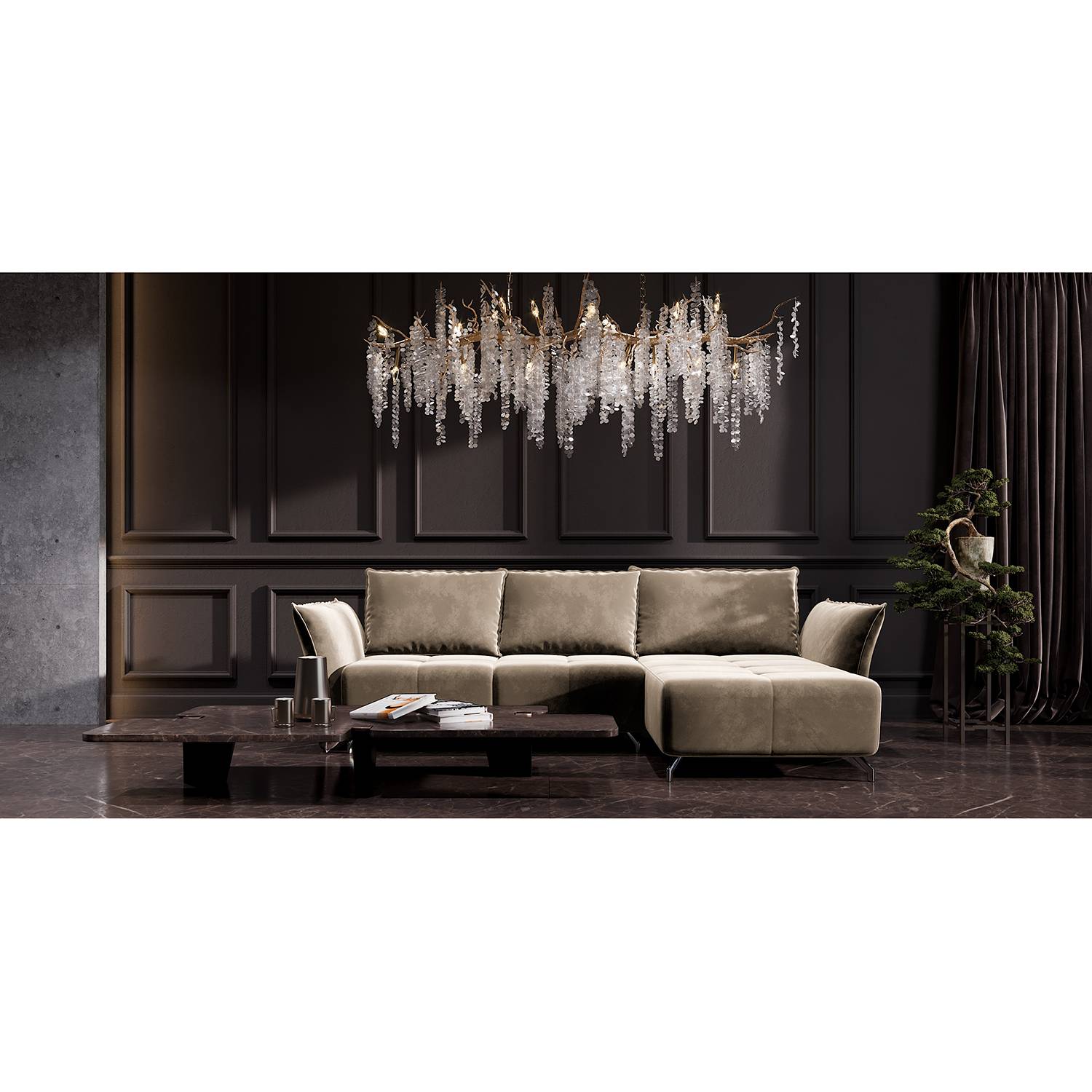 home24 Fredriks Ecksofa Dolgen Cappuccino Samt 314x87x182 cm mit Schlaffunktion