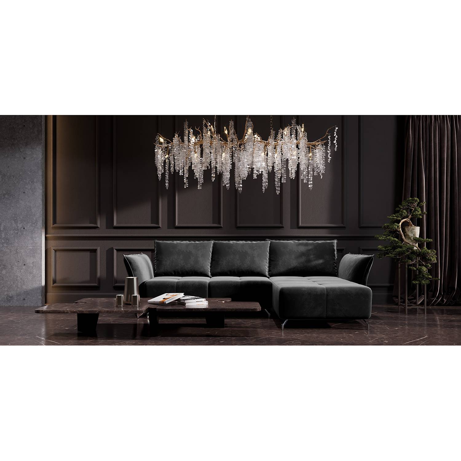 home24 Fredriks Ecksofa Dolgen Anthrazit Samt 314x87x182 cm mit Schlaffunktion