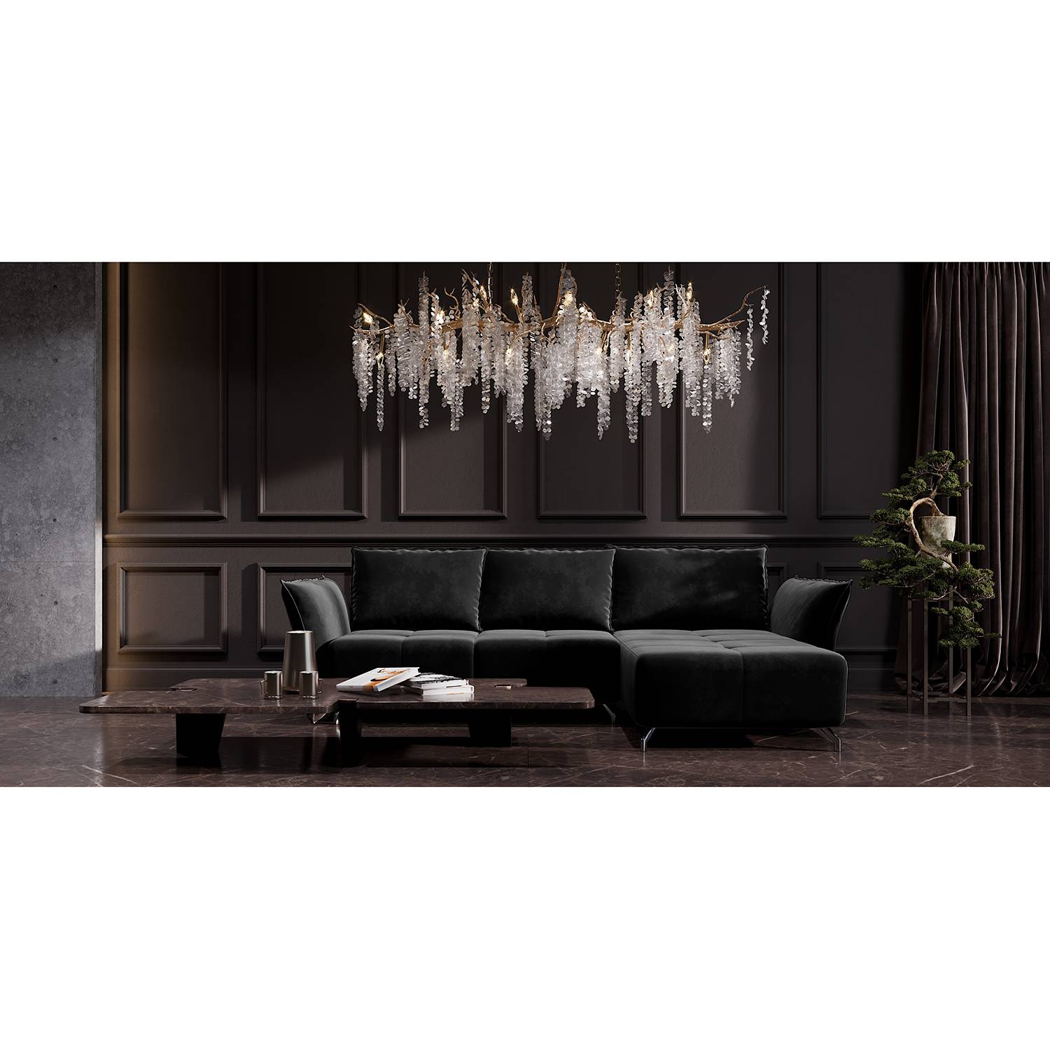 home24 Fredriks Ecksofa Dolgen Dunkelgrau Samt 314x87x182 cm mit Schlaffunktion