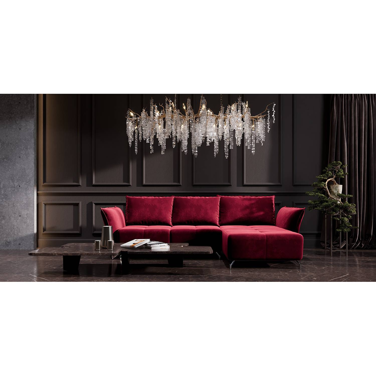 home24 Fredriks Ecksofa Dolgen Bordeaux Samt 314x87x182 cm mit Schlaffunktion