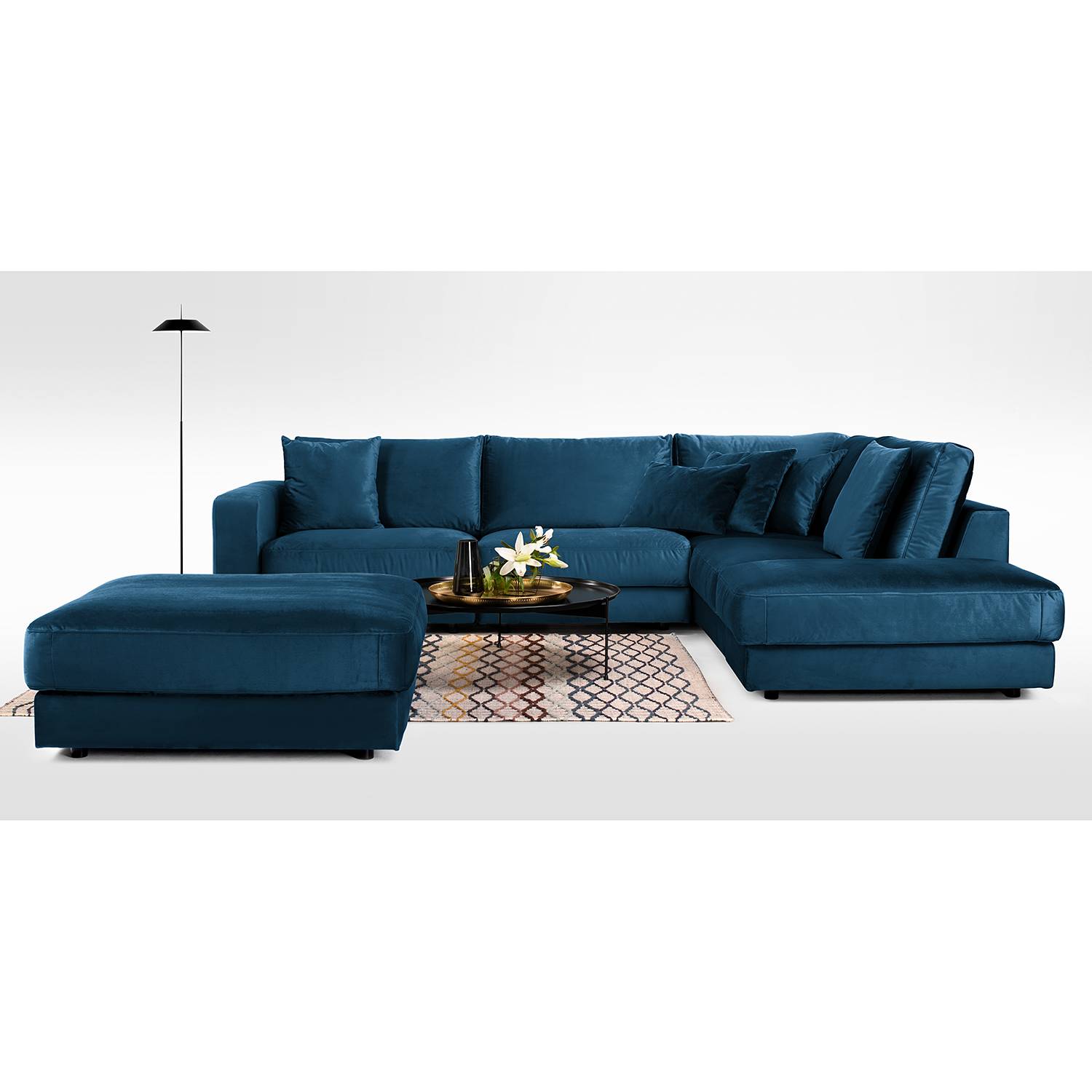 home24 Jack & Alice Ecksofa Oakey I Dunkelblau Samt 314x82x260 cm