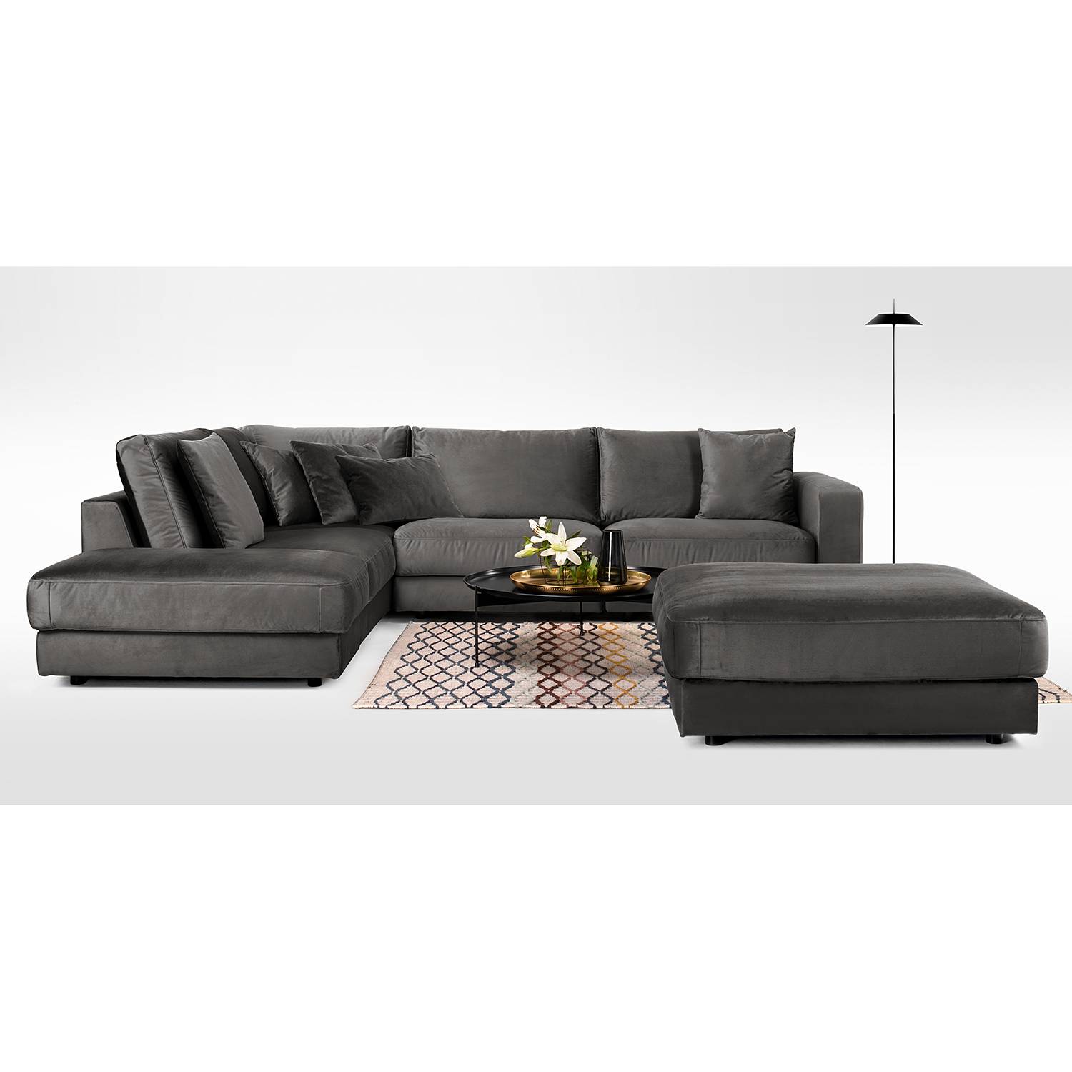home24 Jack & Alice Ecksofa Oakey I Dunkelgrau Samt 314x82x260 cm