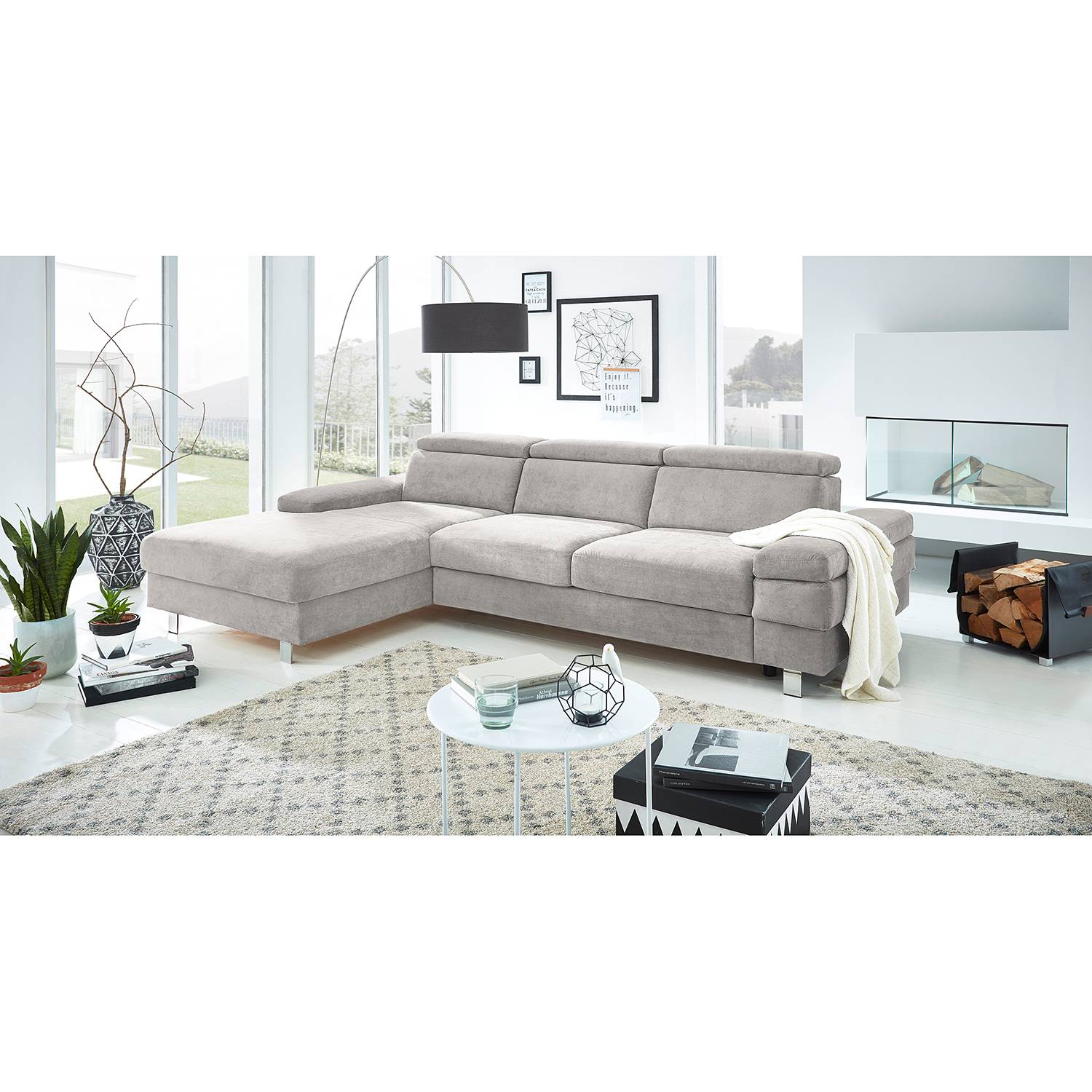 home24 Fredriks Ecksofa Mundau I Hellgrau Webstoff 268x82x182 cm mit Schlaffunktion und Bettkasten