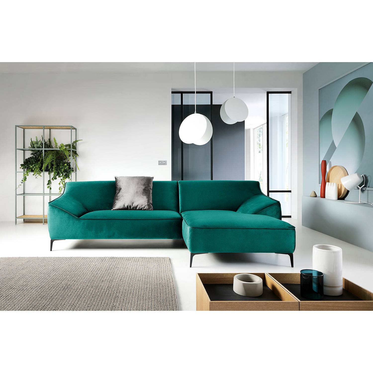 home24 Jack & Alice Ecksofa Rosas I Petrol Samt 281x80x166 cm