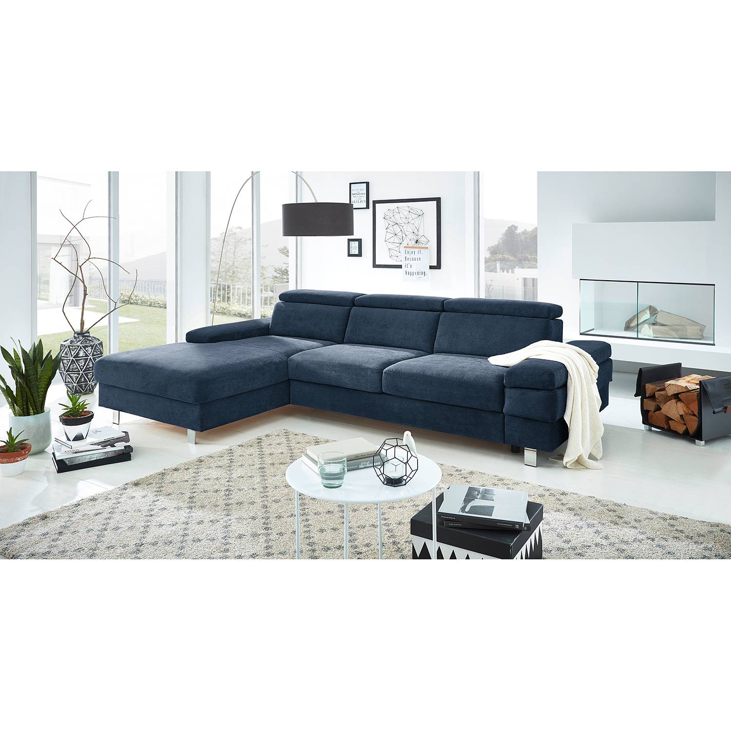 home24 Fredriks Ecksofa Mundau I Marineblau Webstoff 268x82x182 cm mit Schlaffunktion und Bettkasten