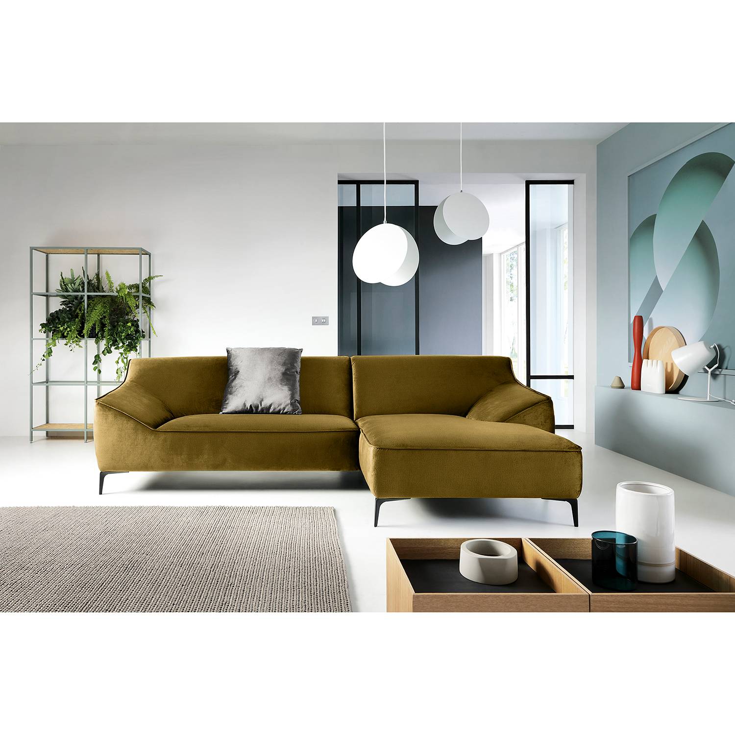 home24 Jack & Alice Ecksofa Rosas I Olivegrün Samt 281x80x166 cm