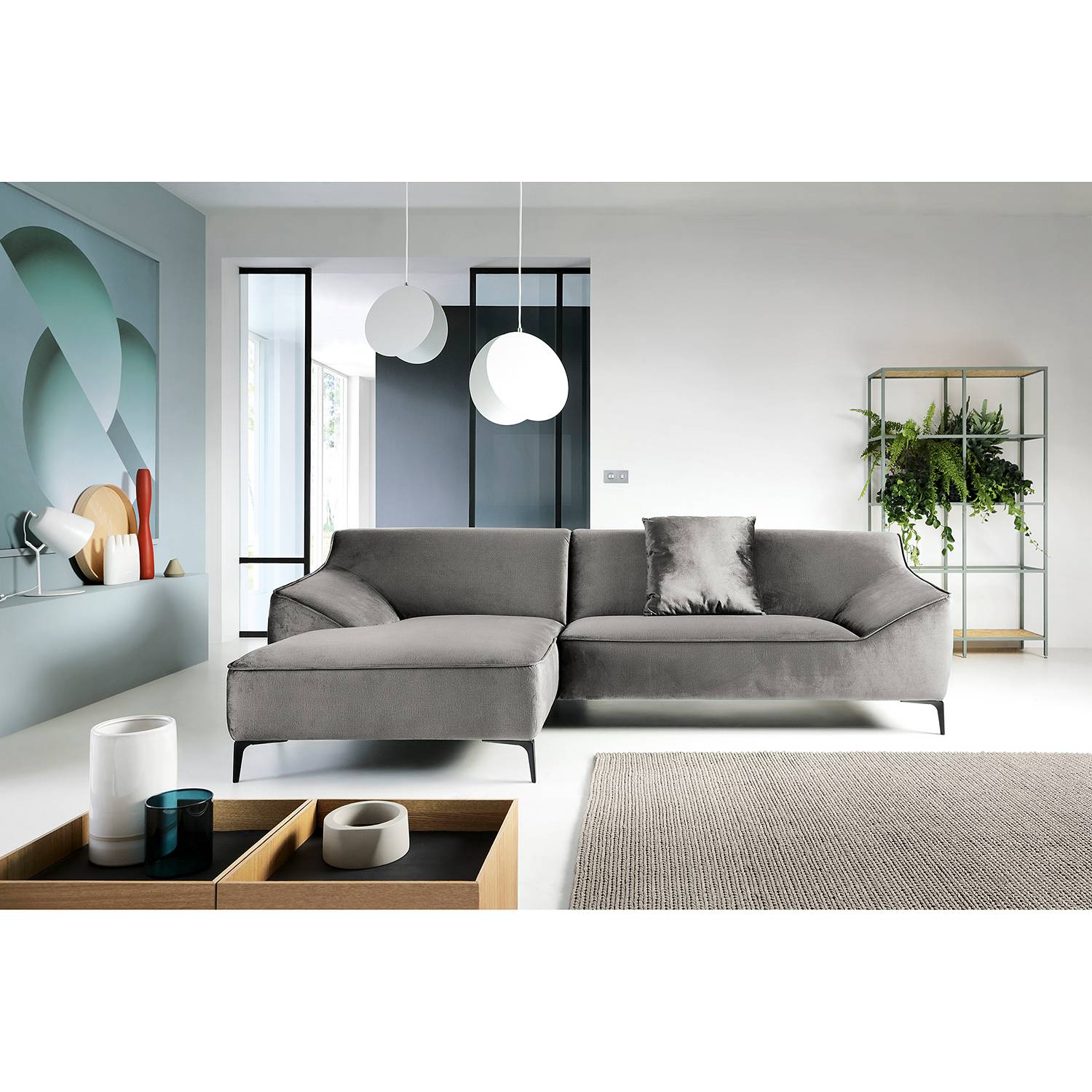 home24 Jack & Alice Ecksofa Rosas I Grau Samt 281x80x166 cm