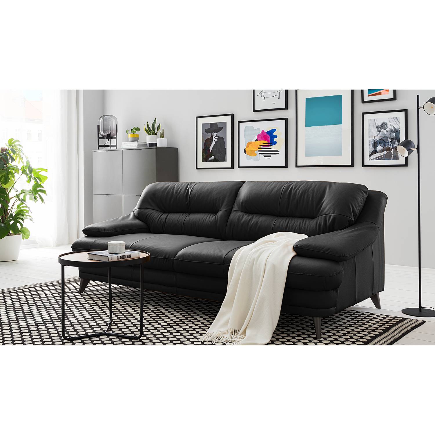 home24 Fredriks Sofa Lutz II 3-Sitzer Schwarz Echtleder 220x87x100 cm