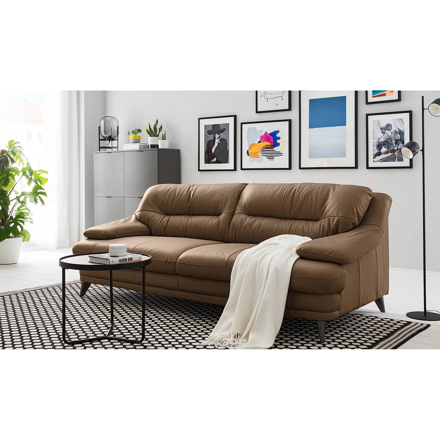 home24 Fredriks Sofa Lutz II 3-Sitzer Cubanit Echtleder 220x87x100 cm