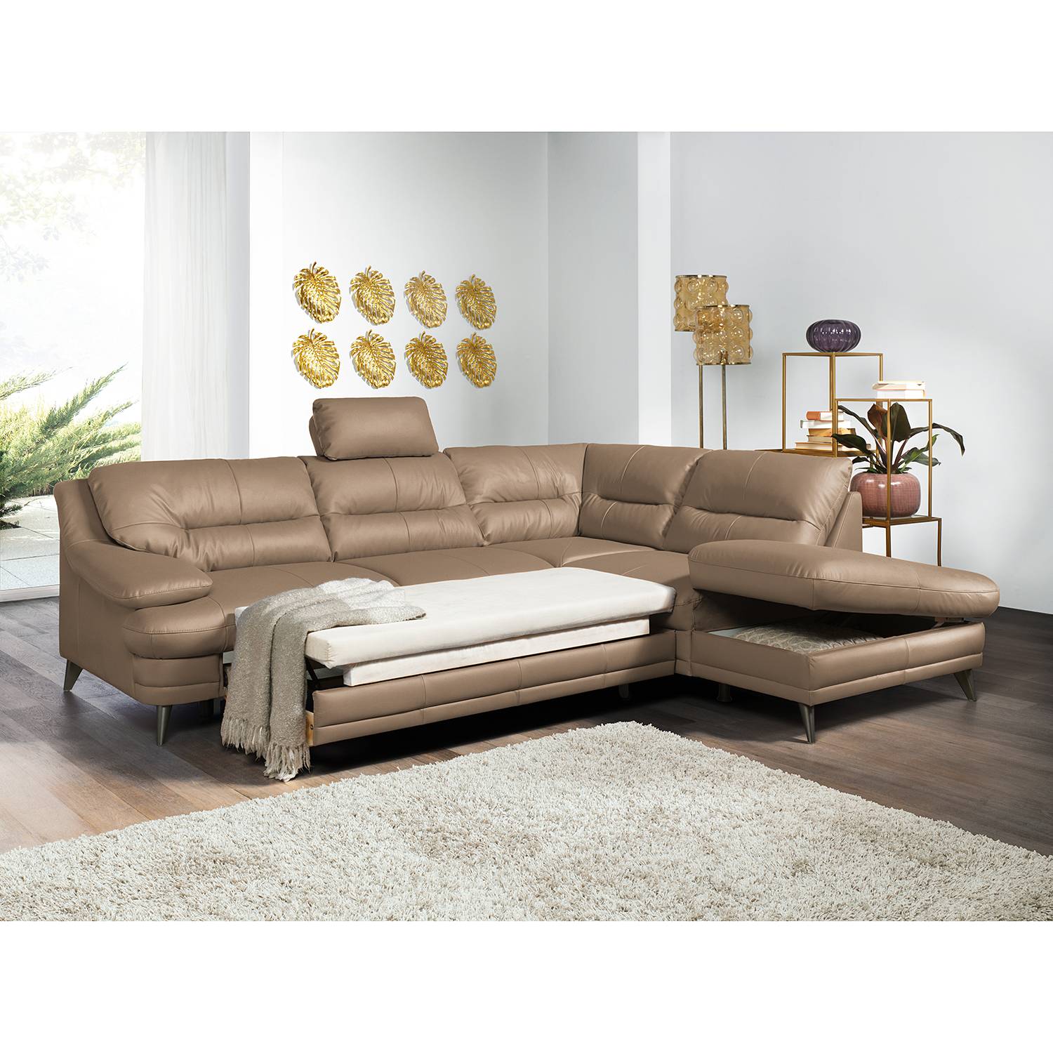 home24 Fredriks Ecksofa Lutz II Cubanit Echtleder 263x87x224 cm mit Schlaffunktion und Bettkasten