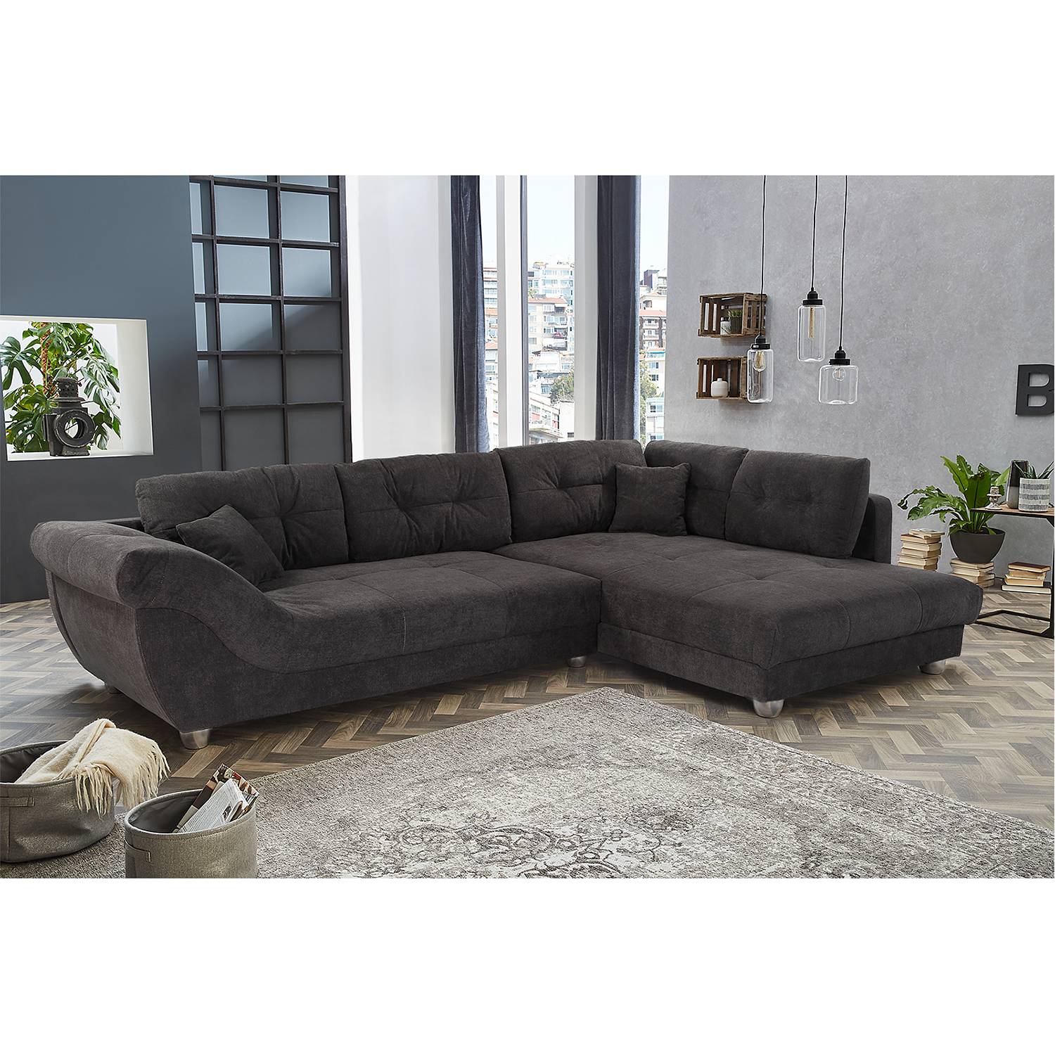home24 Fredriks Ecksofa Kagel Anthrazit Webstoff 346x90x221 cm