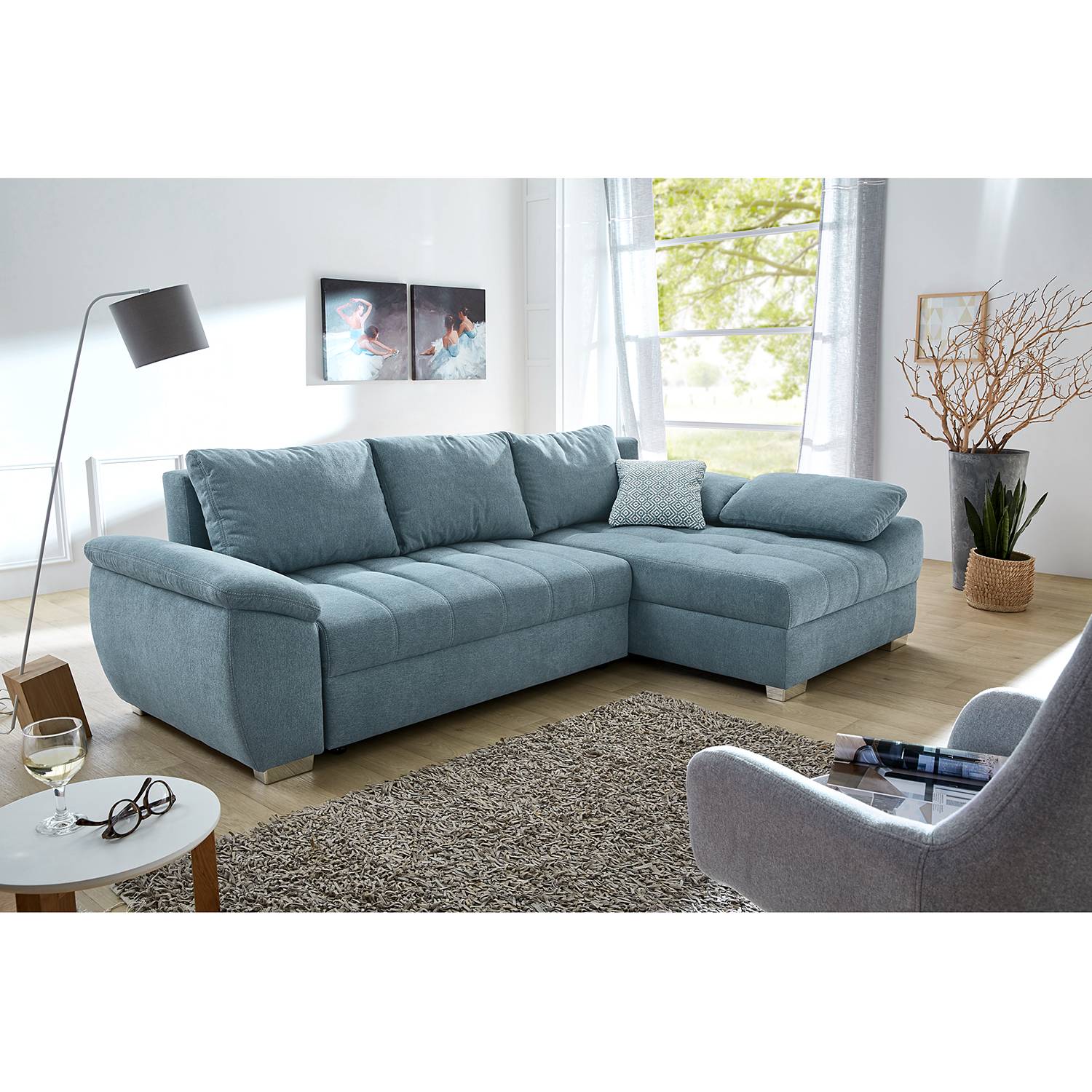 home24 Fredriks Ecksofa Barraba Blaugrau Webstoff 268x86x161 cm mit Schlaffunktion