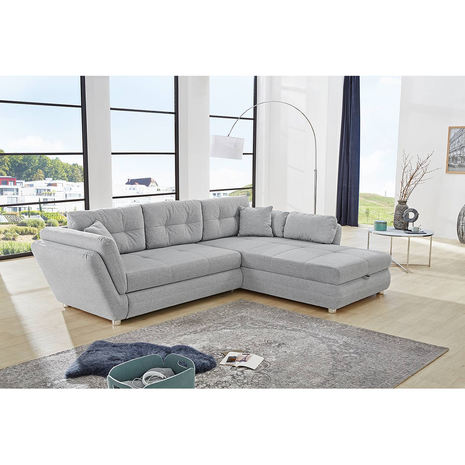 home24 Fredriks Ecksofa Heyd Hellgrau Webstoff 297x86x207 cm mit Schlaffunktion und Bettkasten