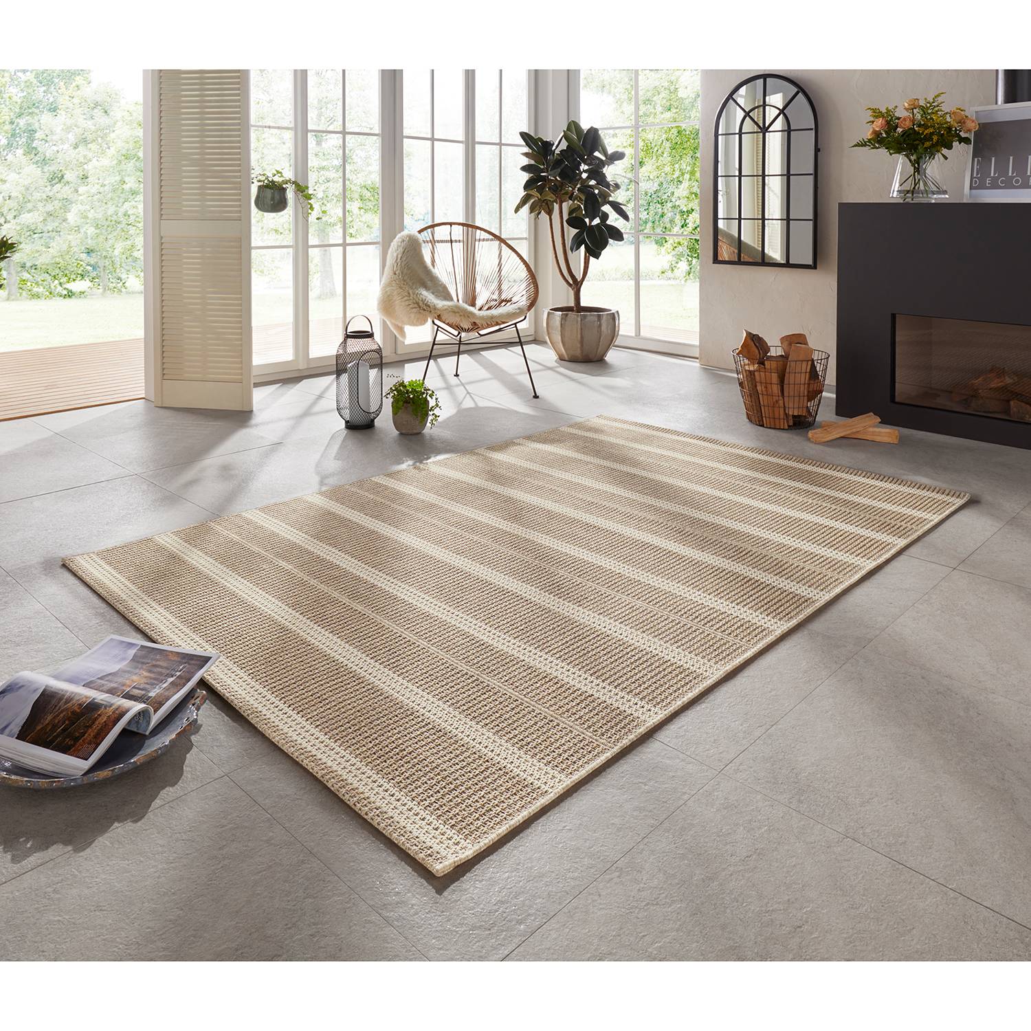 home24 ELLE DECOR In-/Outdoorteppich Laon Naturbraun Rechteckig 80x150 cm (BxT) Gestreift Kunstfaser