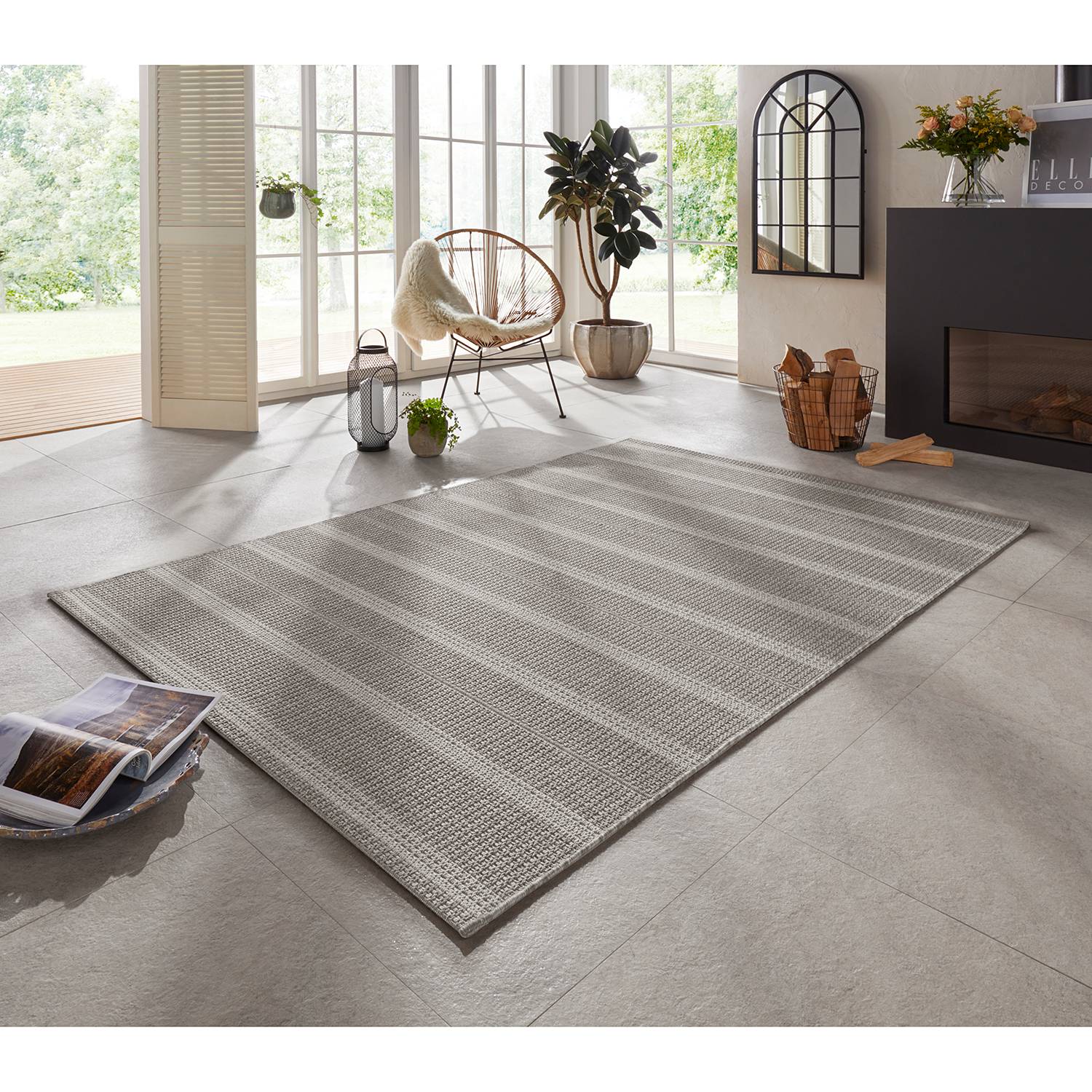 home24 ELLE DECOR In-/Outdoorteppich Laon Grau Rechteckig 160x230 cm (BxT) Gestreift Kunstfaser