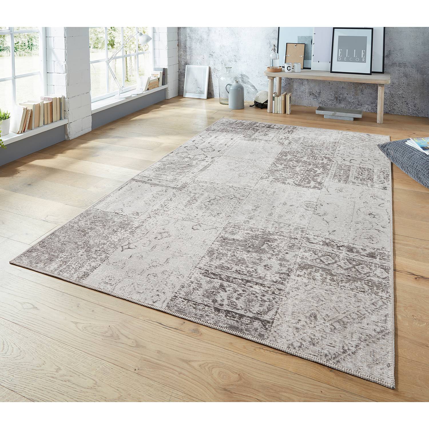 home24 ELLE DECOR Kurzfloorteppich Denain Grau/Creme Rechteckig 80x150 cm (BxT) Patchwork Design Mischgewebe