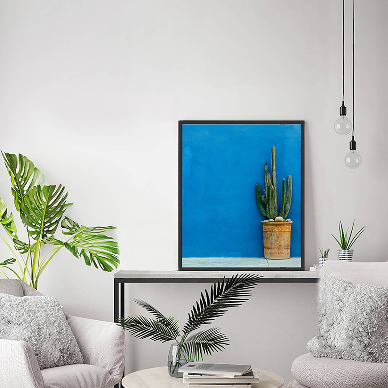 Image of Tableau déco Blue Wall with Cactus 000000001000169991