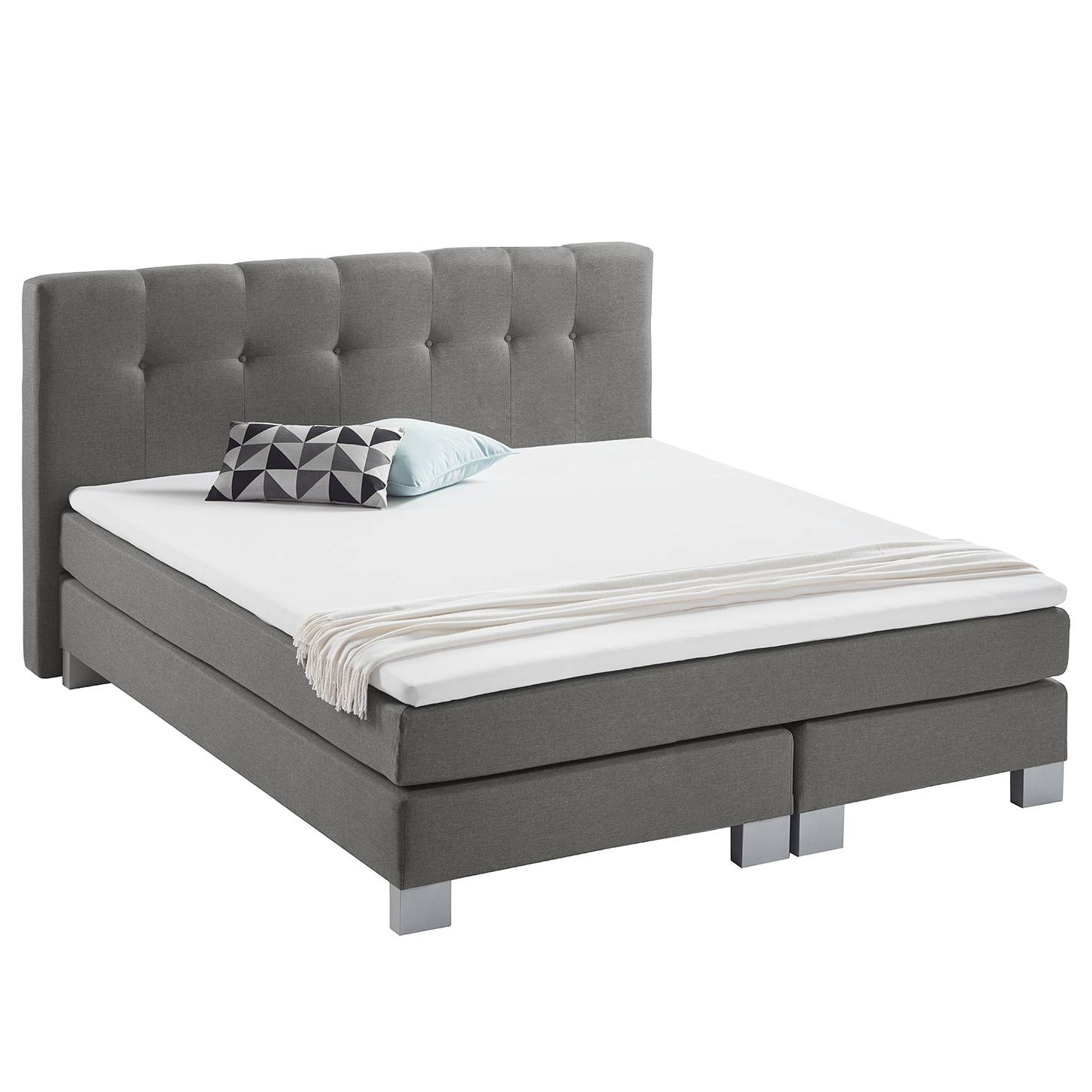 home24 Fredriks Boxspringbett Royal Night 180x200 cm Webstoff Rauchgrau mit Matratze/Kaltschaumtopper