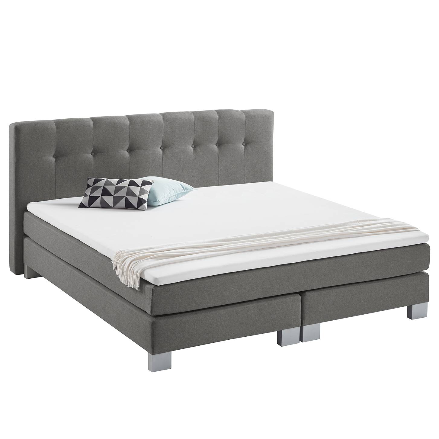 home24 Fredriks Boxspringbett Royal Night 200x200 cm Webstoff Rauchgrau mit Matratze/Kaltschaumtopper
