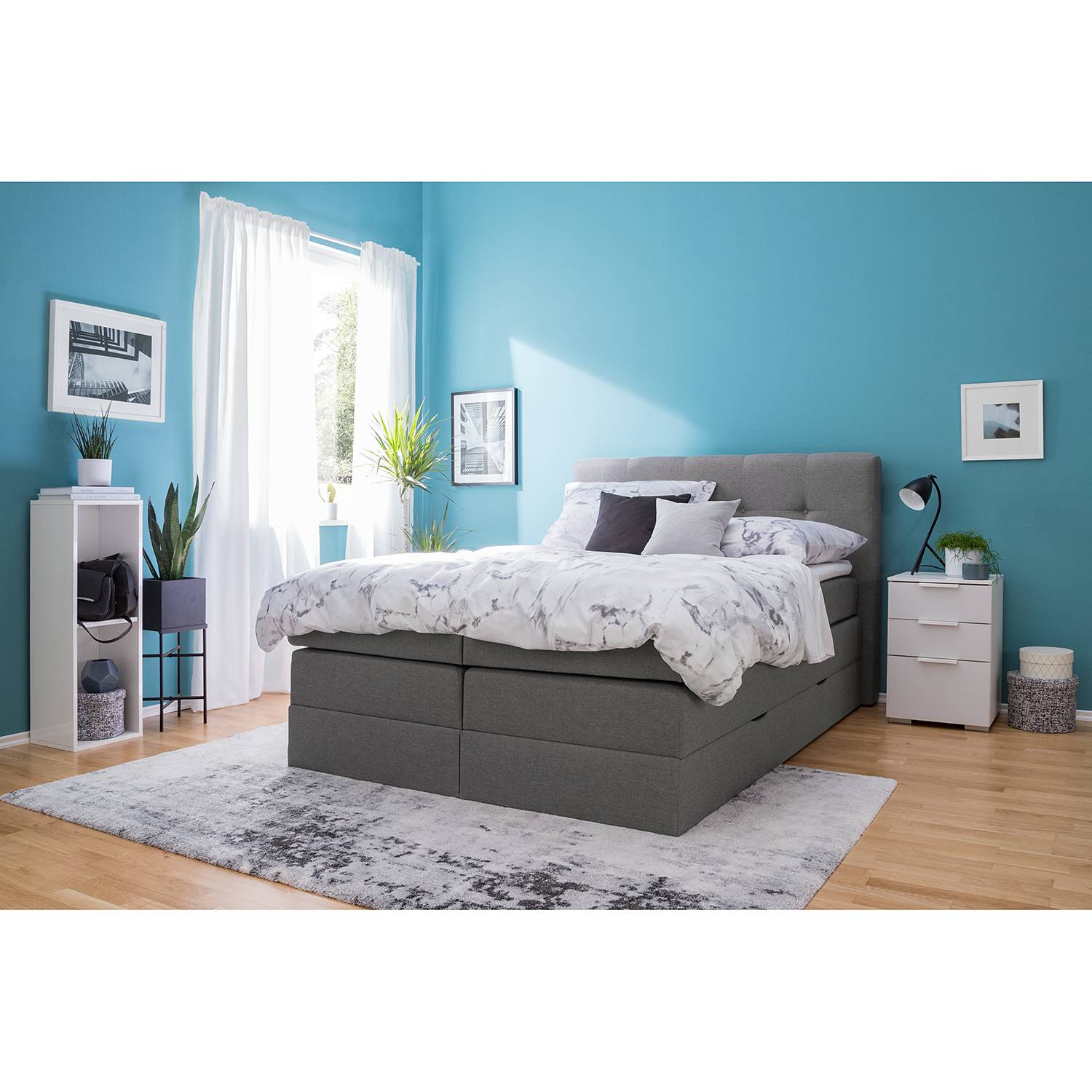 home24 Fredriks Boxspringbett Royal Night 140x200 cm Webstoff Rauchgrau mit Bettkästen/Matratze/Kaltschaumtopper
