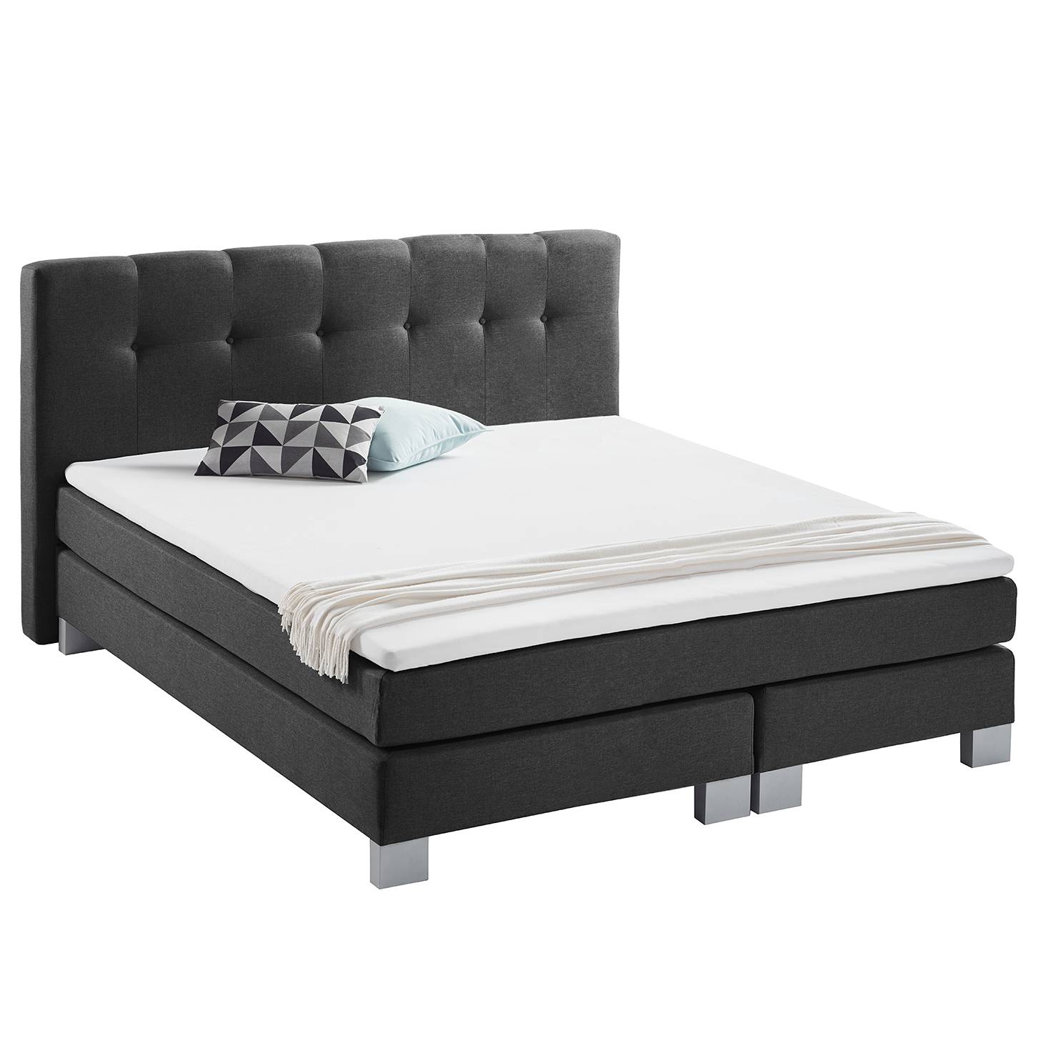 home24 Fredriks Boxspringbett Royal Night 180x200 cm Webstoff Schiefergrau mit Matratze/Kaltschaumtopper
