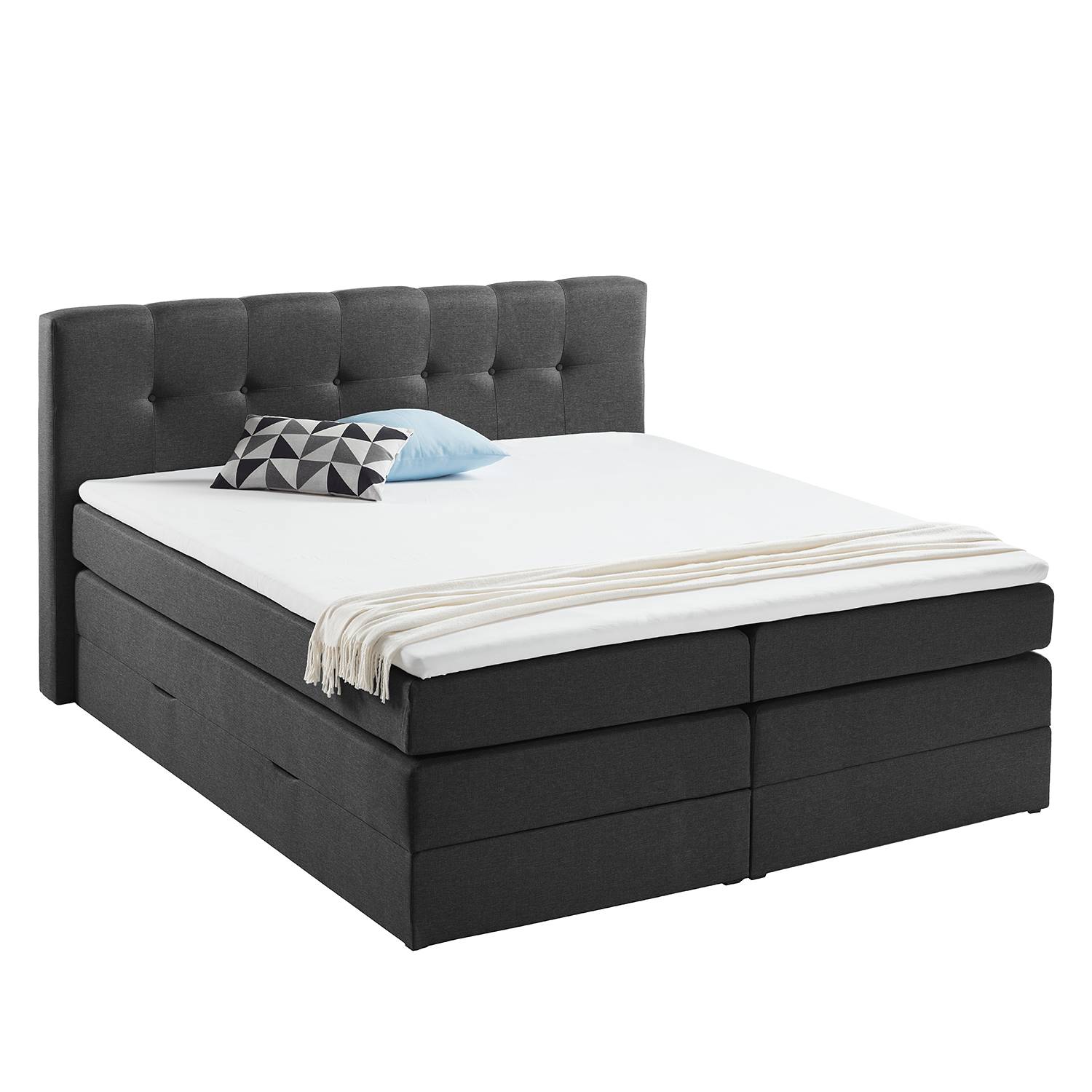 home24 Fredriks Boxspringbett Royal Night 180x200 cm Webstoff Schiefergrau mit Bettkästen/Matratze/Kaltschaumtopper
