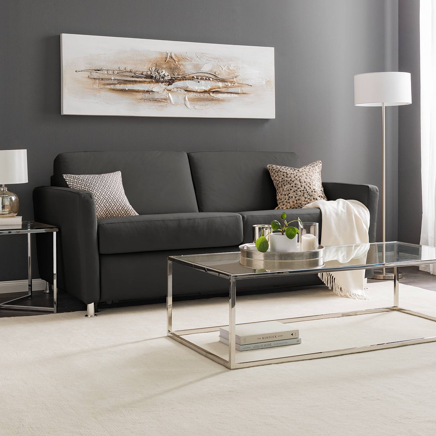 home24 Fredriks Schlafsofa Lierde I Anthrazit Echtleder 175x91x103 cm mit Schlaffunktion
