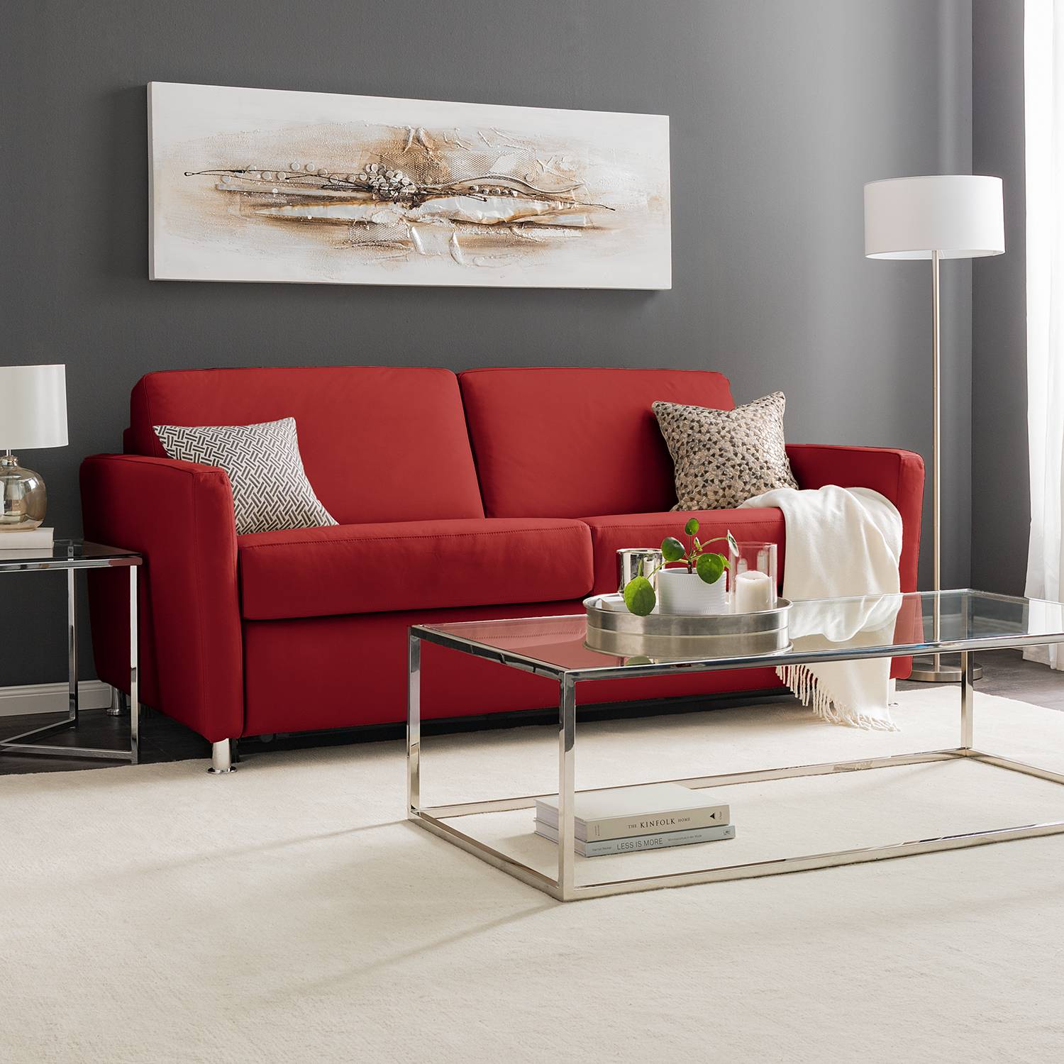 home24 Fredriks Schlafsofa Lierde I Rot Echtleder 175x91x103 cm mit Schlaffunktion