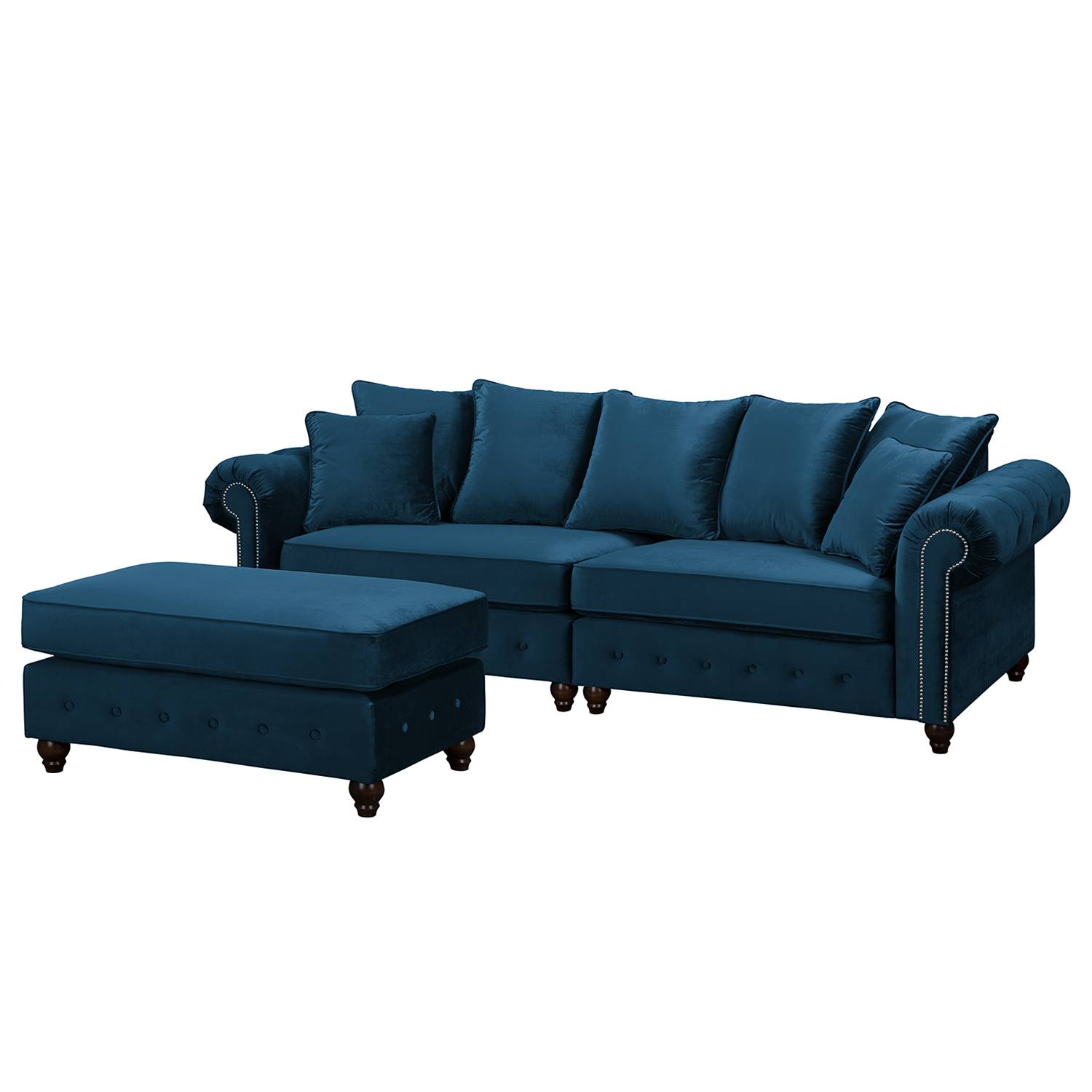 home24 Jack & Alice Bigsofa Solita Dunkelblau Samt 260x90x93 cm mit Hocker