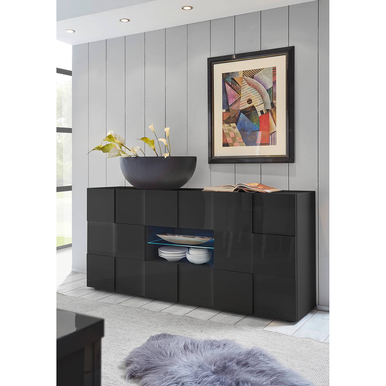 home24 LC Spa Sideboard Dama II Hochglanz Anthrazit Spanplatte 181x84x42 cm (BxHxT) Modern 2-türig 2 Schubladen