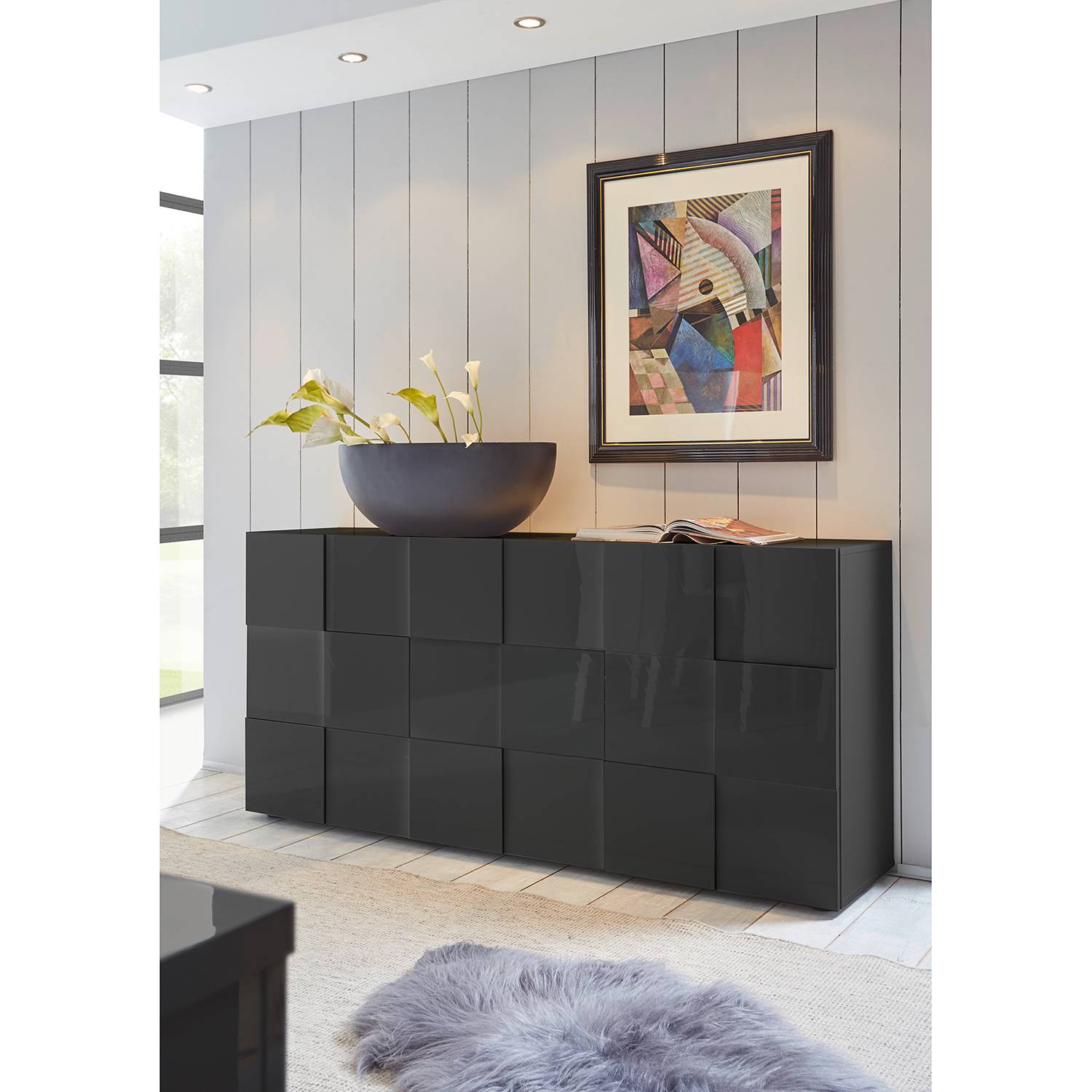 home24 LC Spa Sideboard Dama I Hochglanz Anthrazit Spanplatte 181x84x42 cm (BxHxT) Modern 3-türig