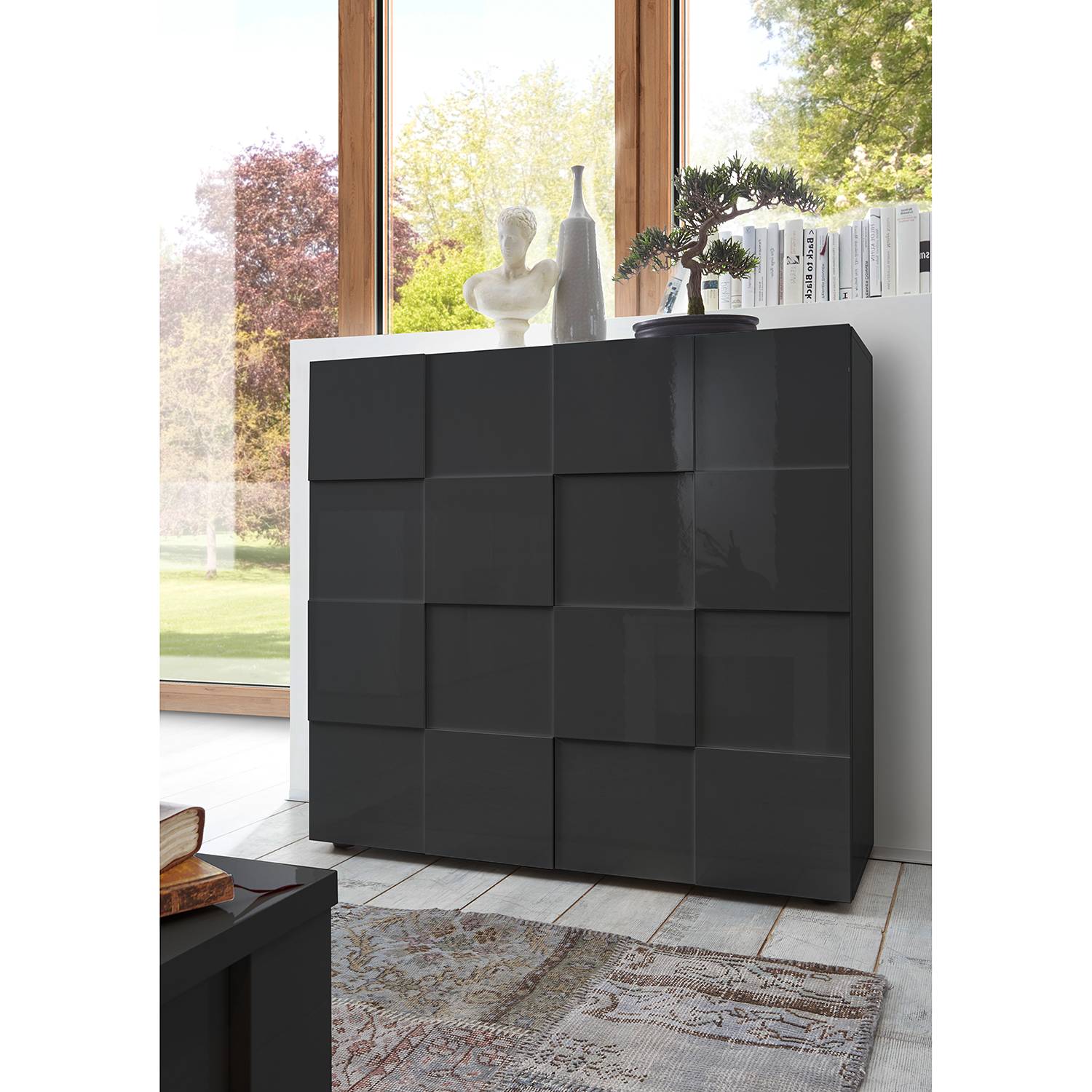 home24 LC Spa Highboard Dama I Hochglanz Anthrazit Spanplatte 121x111x42 cm (BxHxT) Modern 2-türig