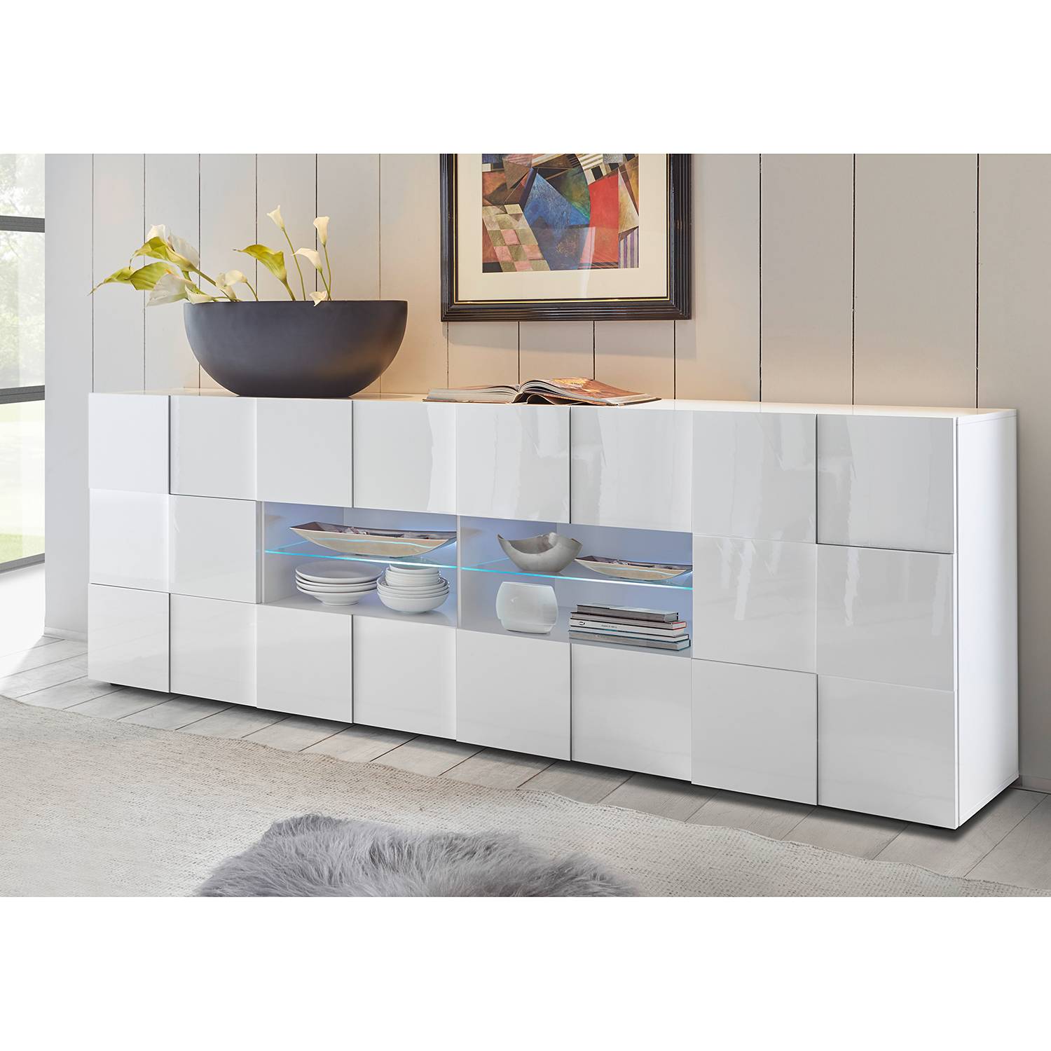 home24 LC Spa Sideboard Dama III Hochglanz Weiß Spanplatte 241x84x42 cm (BxHxT) Modern 2-türig 4 Schubladen