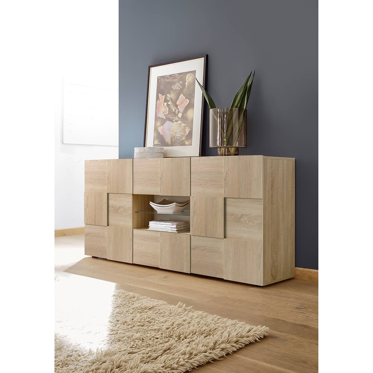 home24 LC Spa Sideboard Dama II Eiche Sonoma Dekor Spanplatte 181x84x42 cm (BxHxT) Modern 2-türig 2 Schubladen