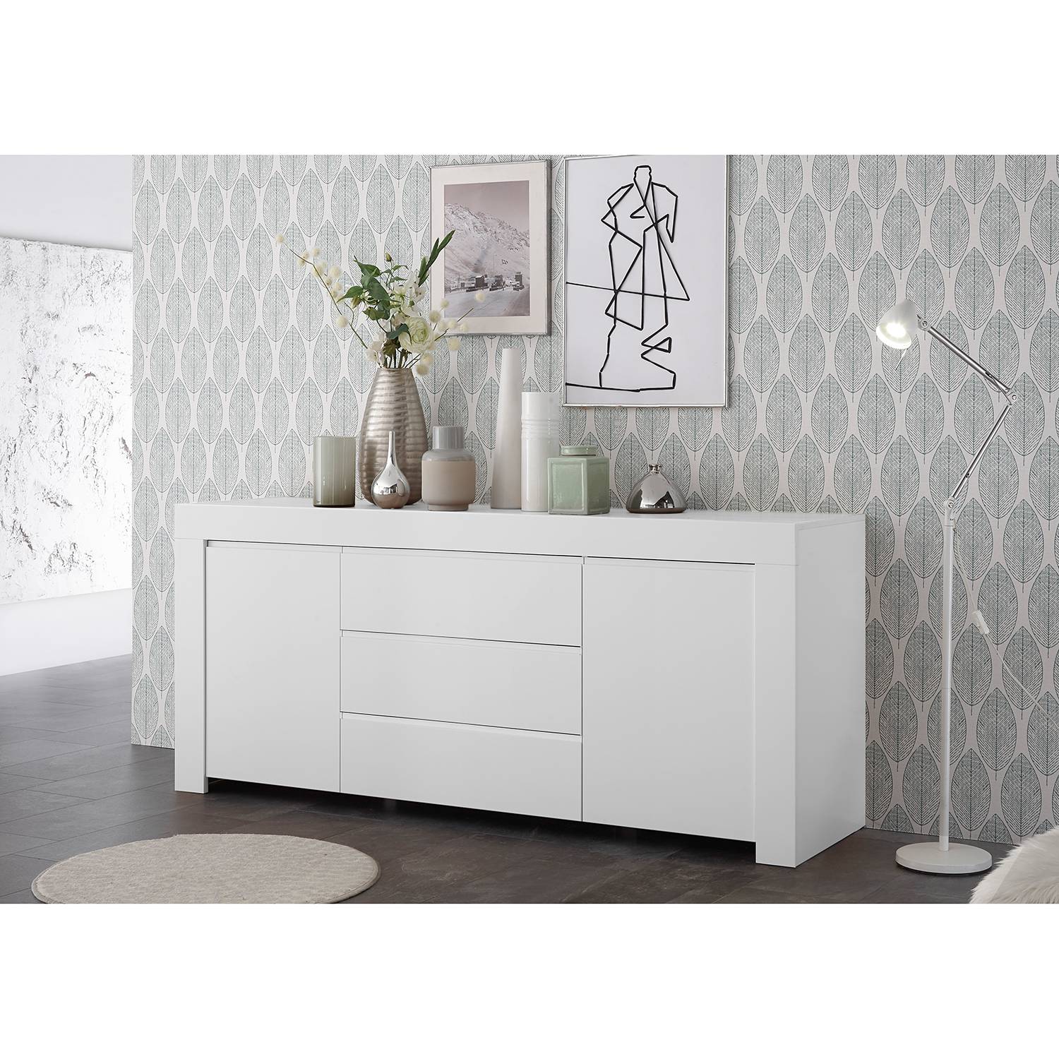 home24 LC Spa Sideboard Firenze II Matt Weiß Spanplatte 184x81x42 cm (BxHxT) Modern 2-türig 3 Schubladen