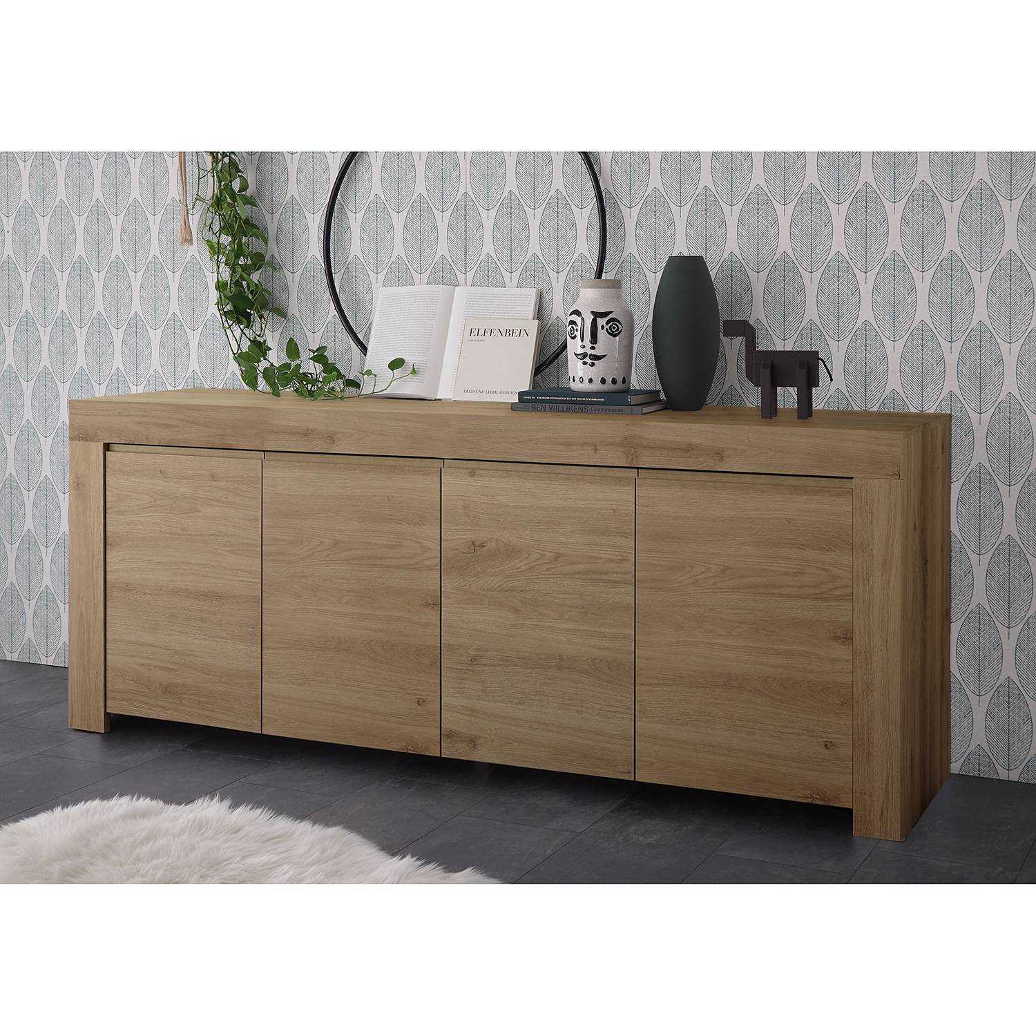 home24 LC Spa Sideboard Firenze III Eiche Dekor Spanplatte 210x81x42 cm (BxHxT) Modern 4-türig