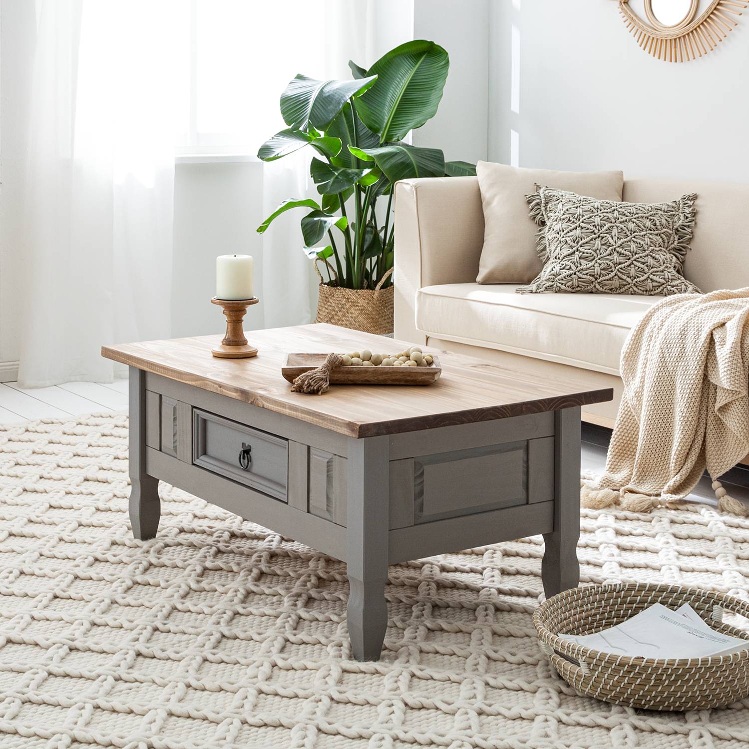 home24 Maison Belfort Couchtisch Finca Rustica Massivholz Kiefer Grau Landhaus 100x44x60 cm (BxHxT)