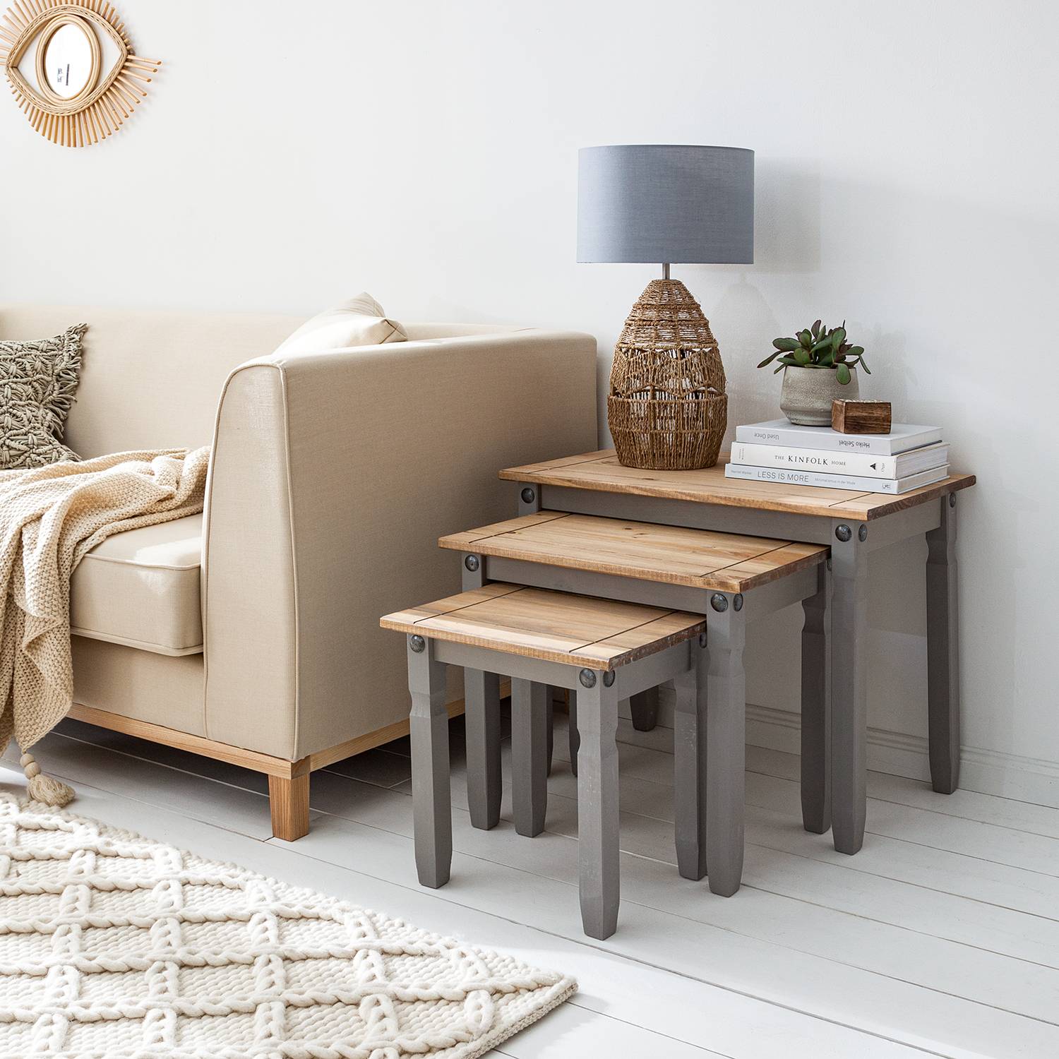 home24 Maison Belfort Beistelltisch-Set Finca Rustica 3er-Set Massivholz Kiefer Grau Landhaus 66x54x42 cm (BxHxT)