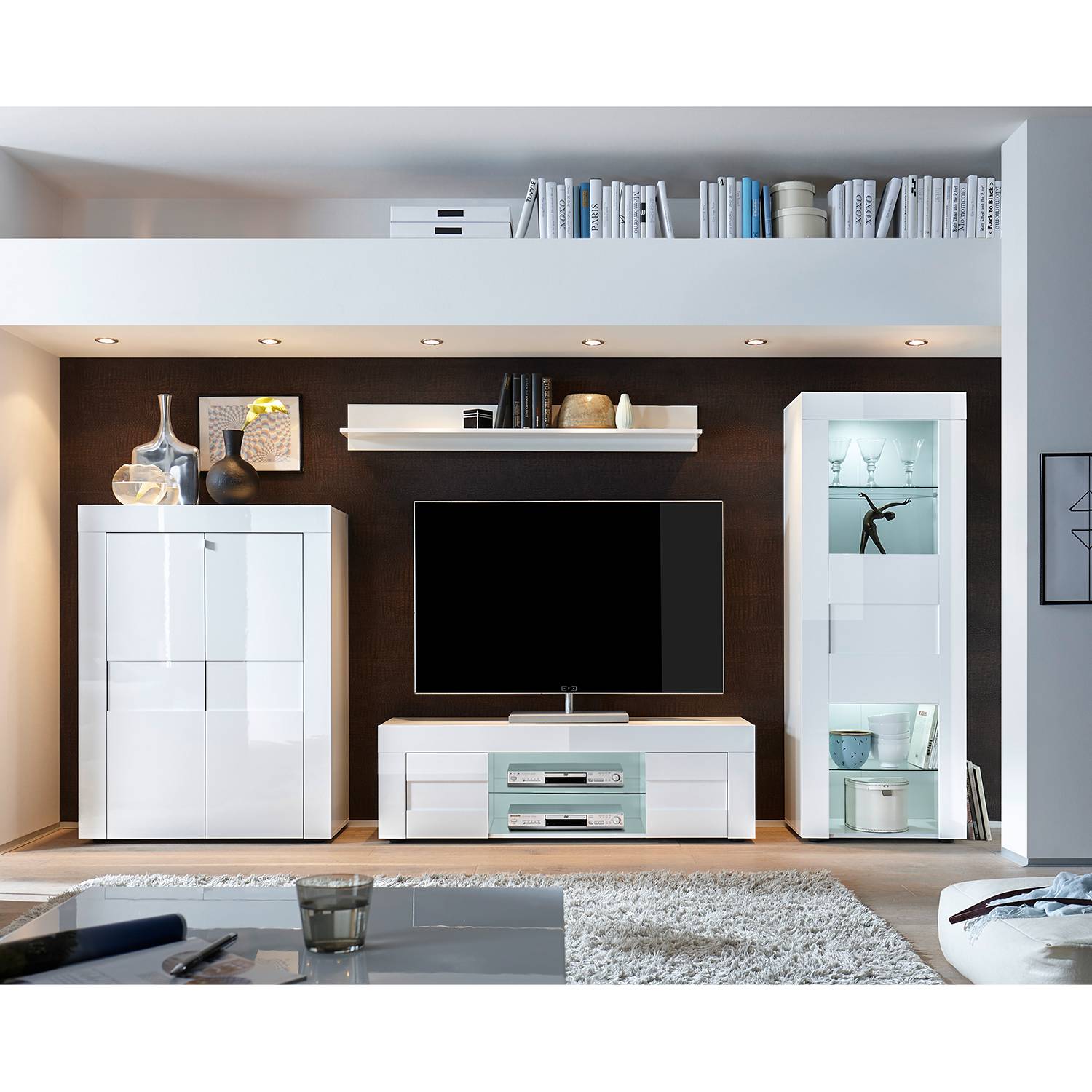 home24 LC Spa Highboard Easy Hochglanz Weiß Spanplatte 92x125x42 cm (BxHxT) Modern 2-türig