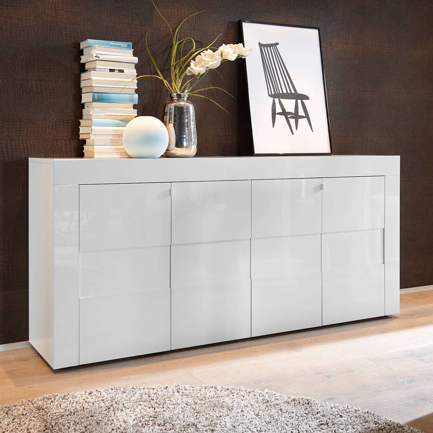 home24 LC Spa Sideboard Easy III Hochglanz Weiß Spanplatte 181x84x42 cm (BxHxT) Modern 4-türig