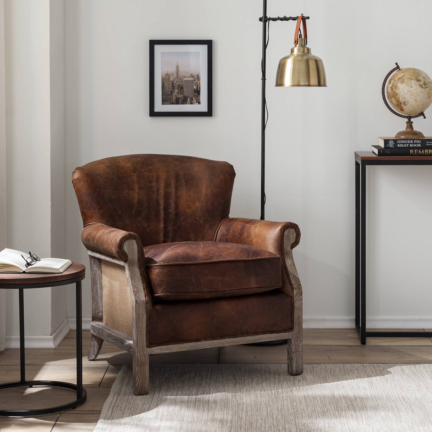 home24 Maison Belfort Sessel Aleixo Braun Echtleder 81x78x76 cm (BxHxT)
