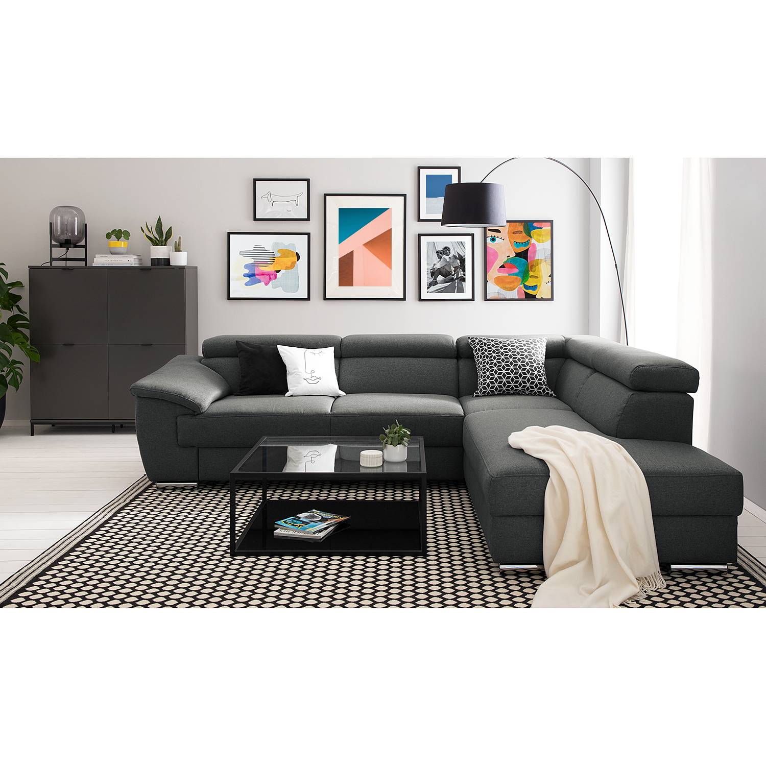 home24 Fredriks Ecksofa Swain Anthrazit Webstoff 271x78x166 cm mit Schlaffunktion und Bettkasten