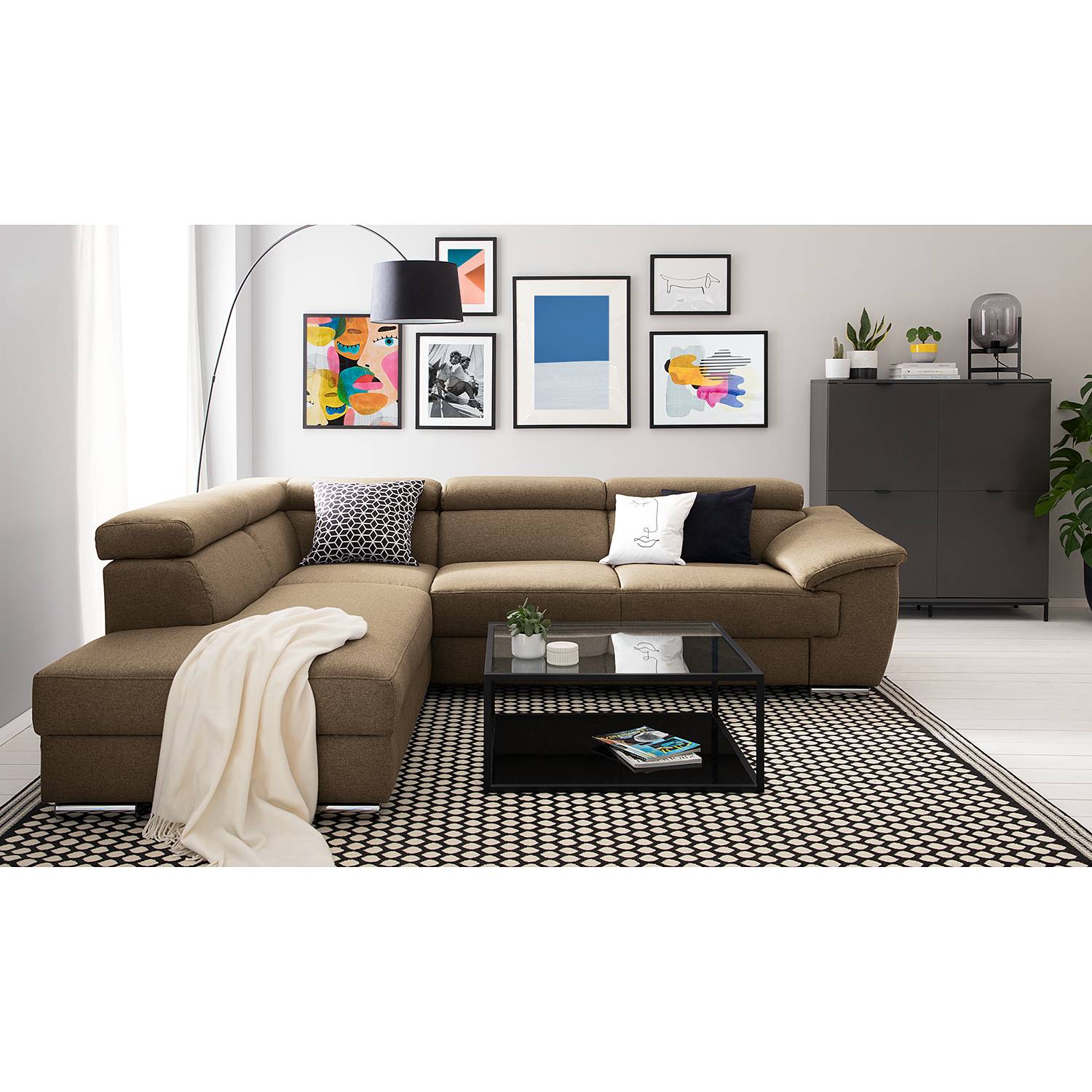 home24 Fredriks Ecksofa Swain Sandgrau Webstoff 271x78x166 cm mit Schlaffunktion und Bettkasten