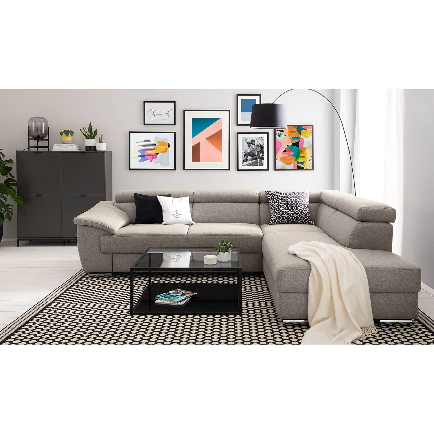 home24 Fredriks Ecksofa Swain Granit Webstoff 271x78x166 cm mit Schlaffunktion und Bettkasten