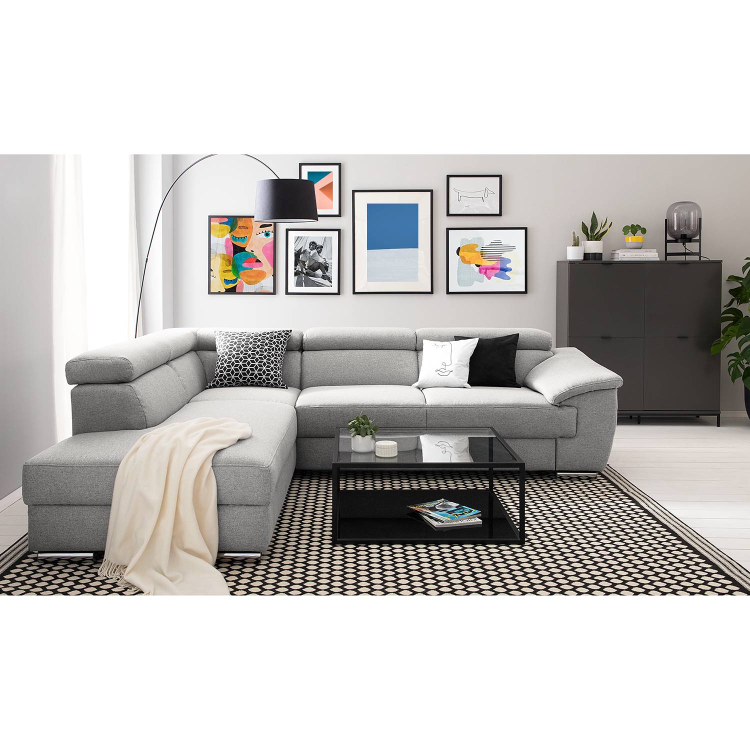 home24 Fredriks Ecksofa Swain Hellgrau Webstoff 271x78x166 cm mit Schlaffunktion und Bettkasten