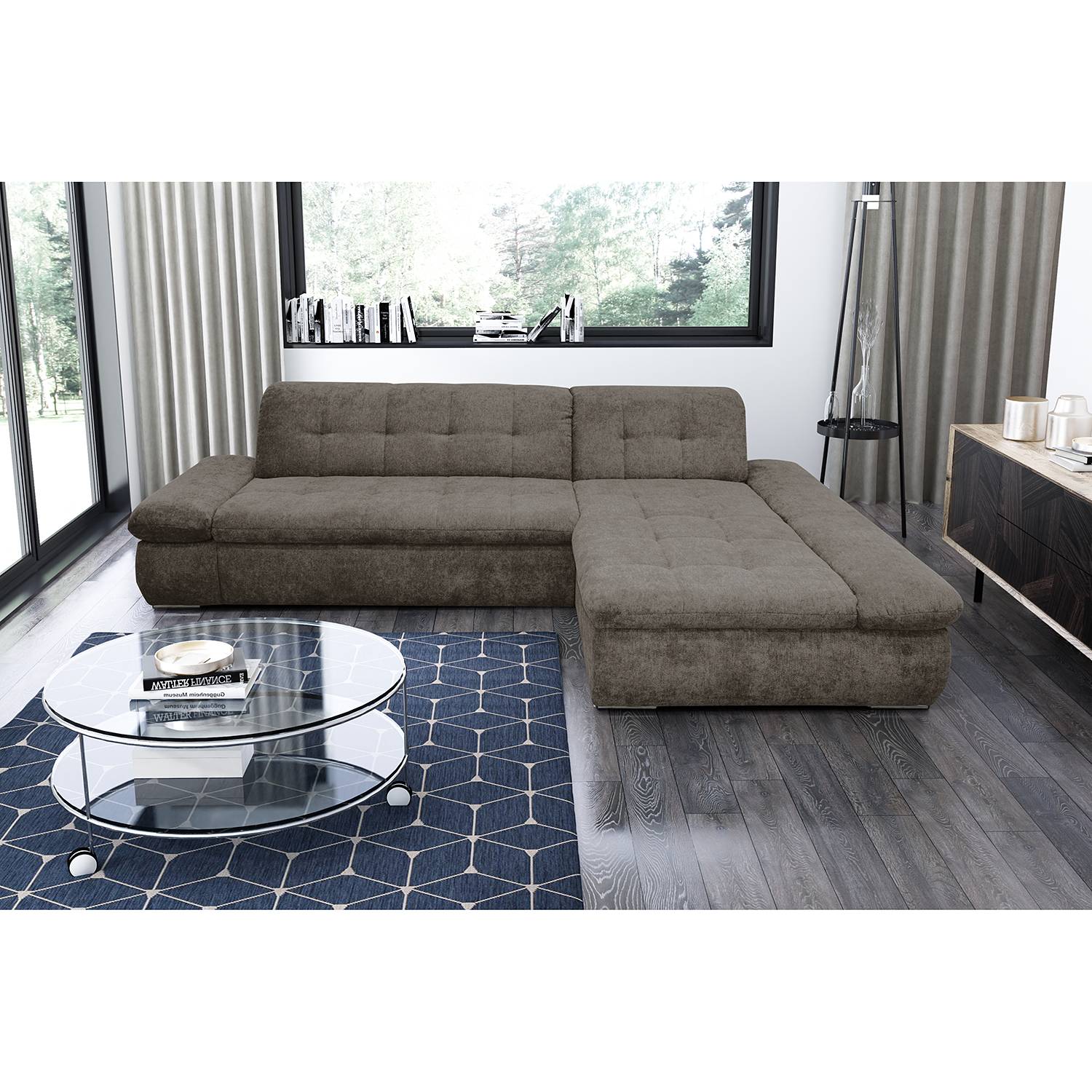 home24 loftscape Ecksofa Lemley Dunkelgrau Webstoff 300x80x172 cm mit Schlaffunktion